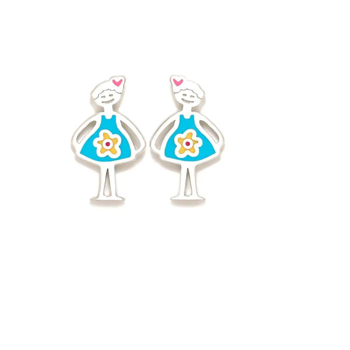 Pendientes Agathitas con figura de bailarina, vestido azul y flor amarilla