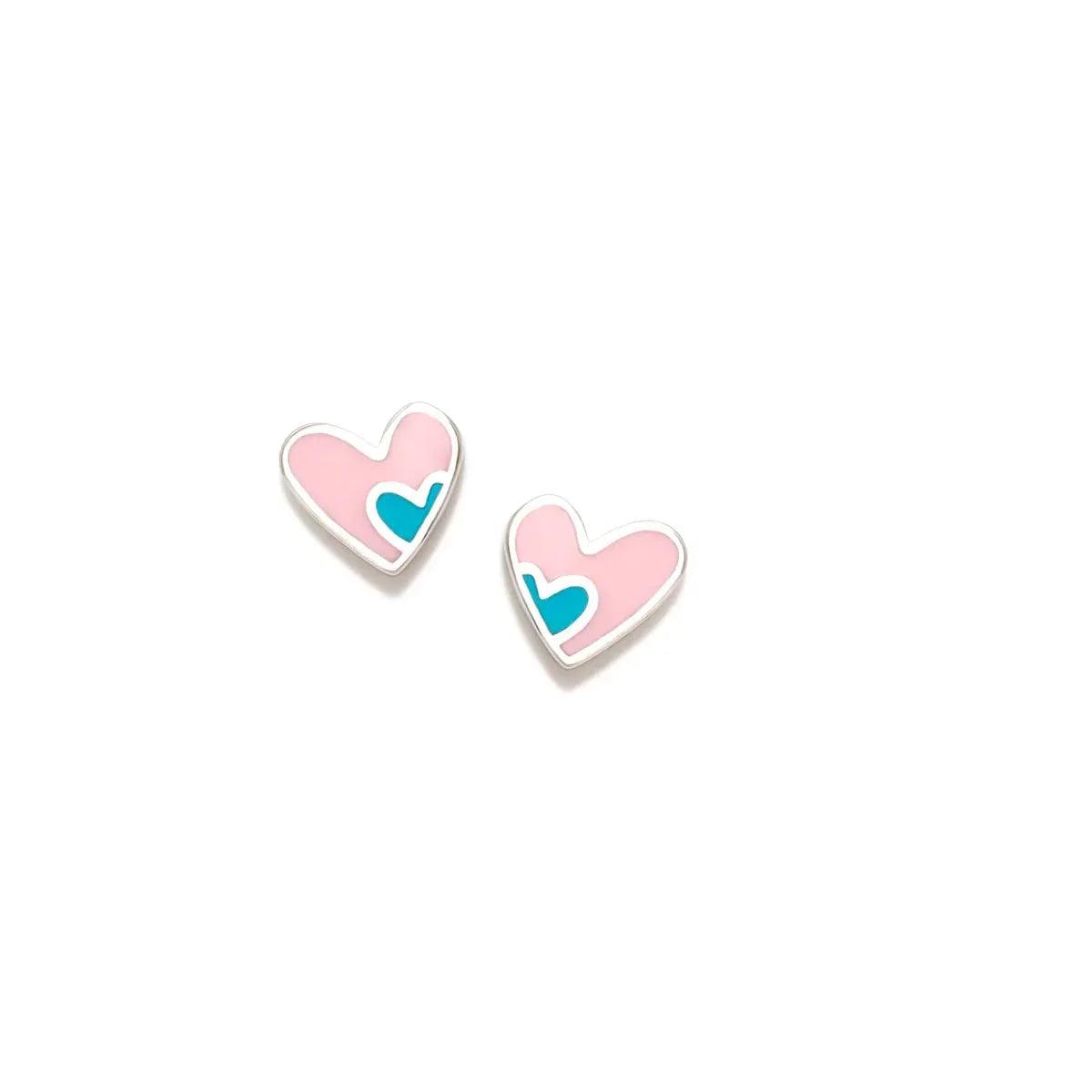 Pendientes de corazón esmaltado rosa y azul con borde plateado