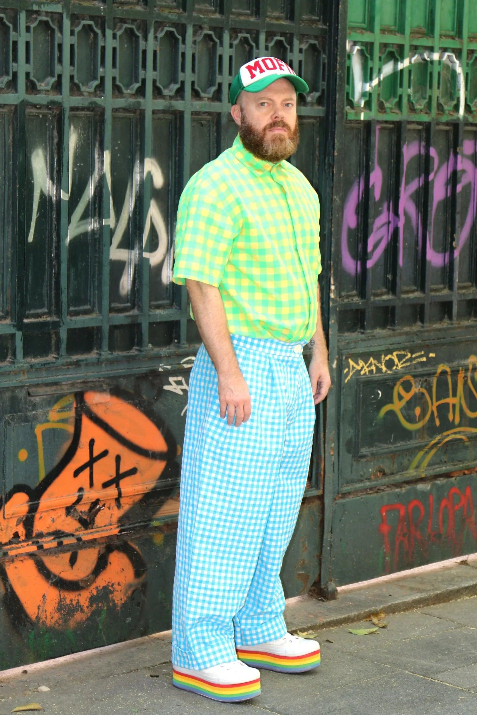 Camisa vichy de hombre verde y celeste, manga corta, vista de frente