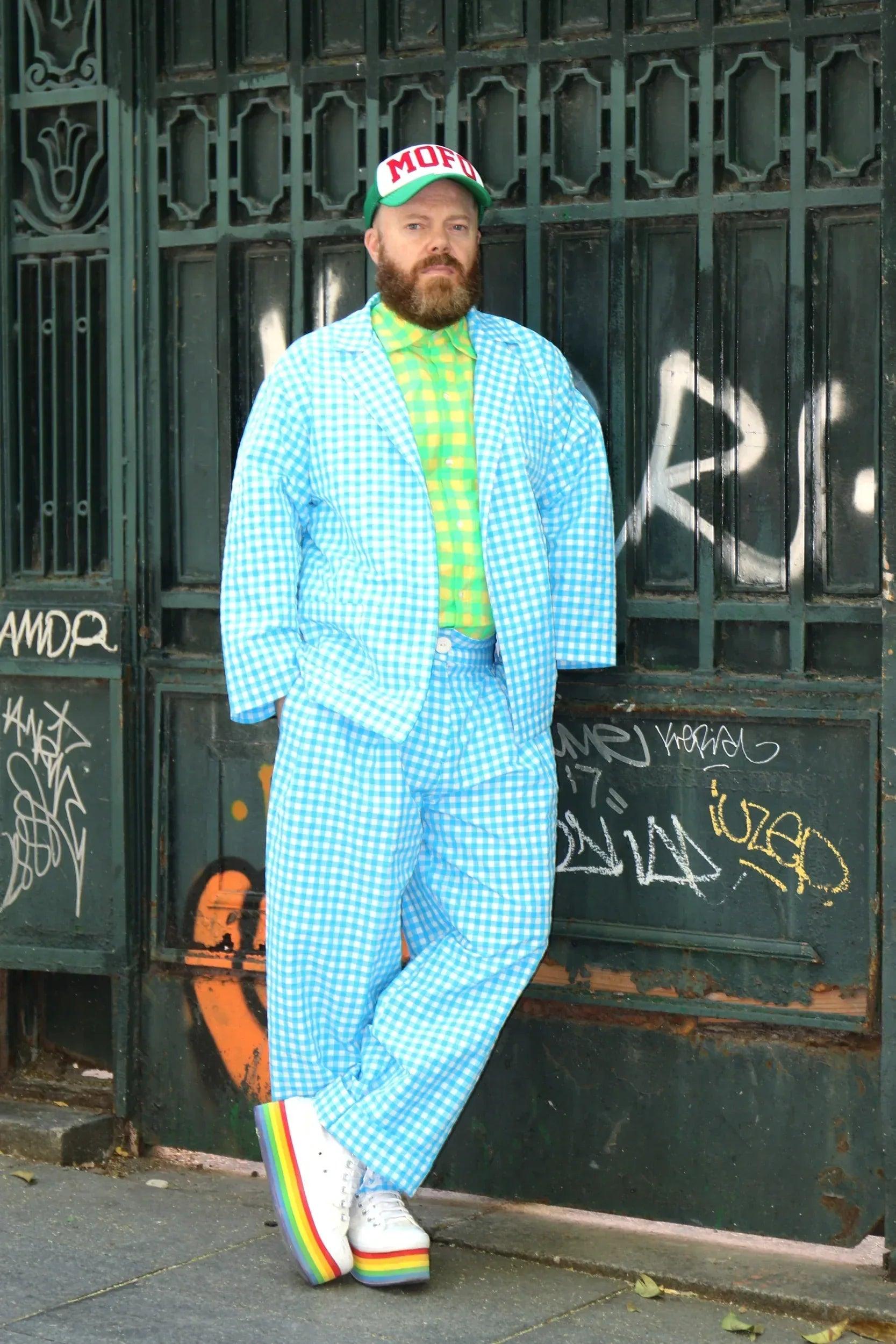 Pantalón Vichy azul claro con cuadros blancos, largo hasta el tobillo