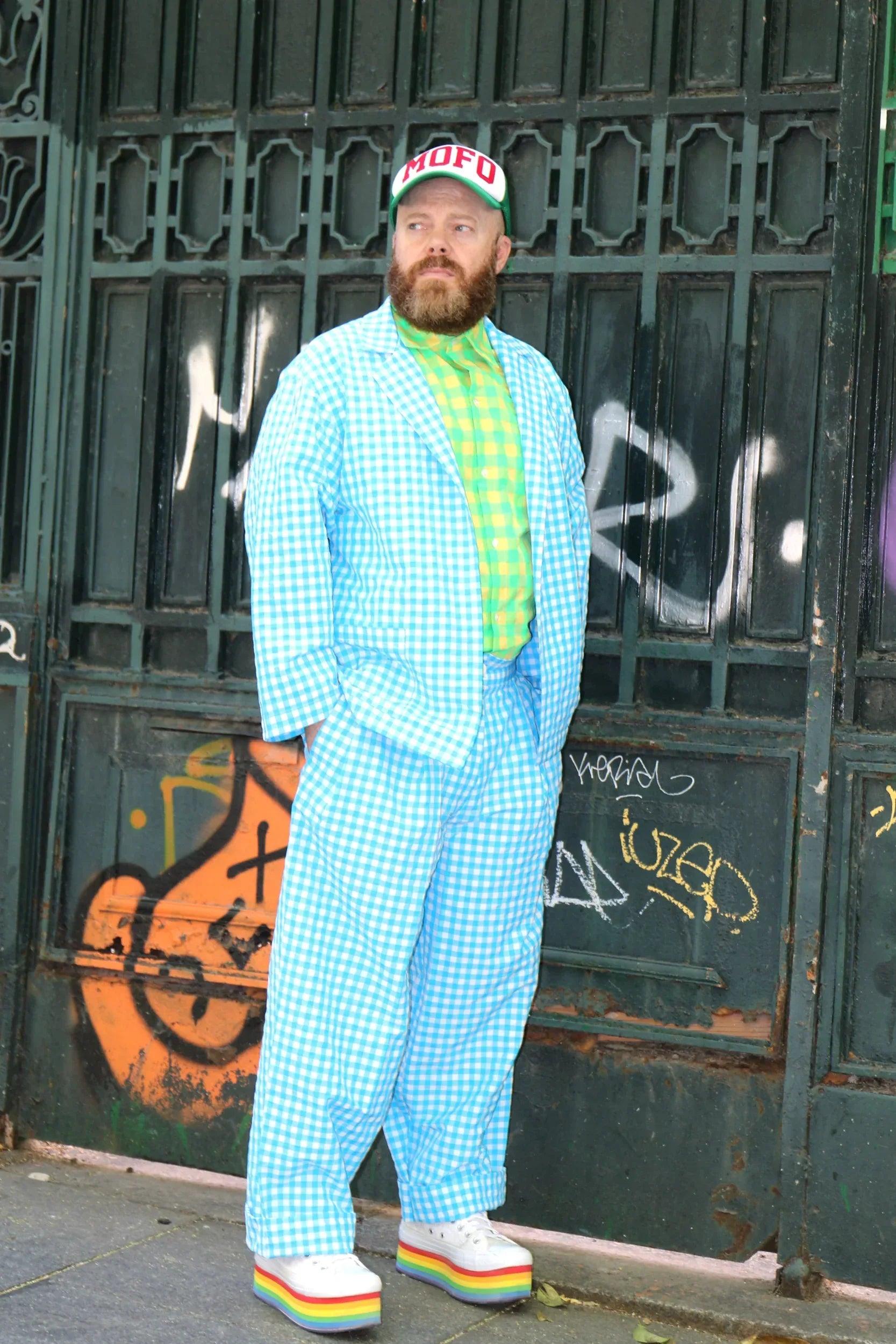 Pantalón Vichy azul claro con cuadros blancos, estilo recto