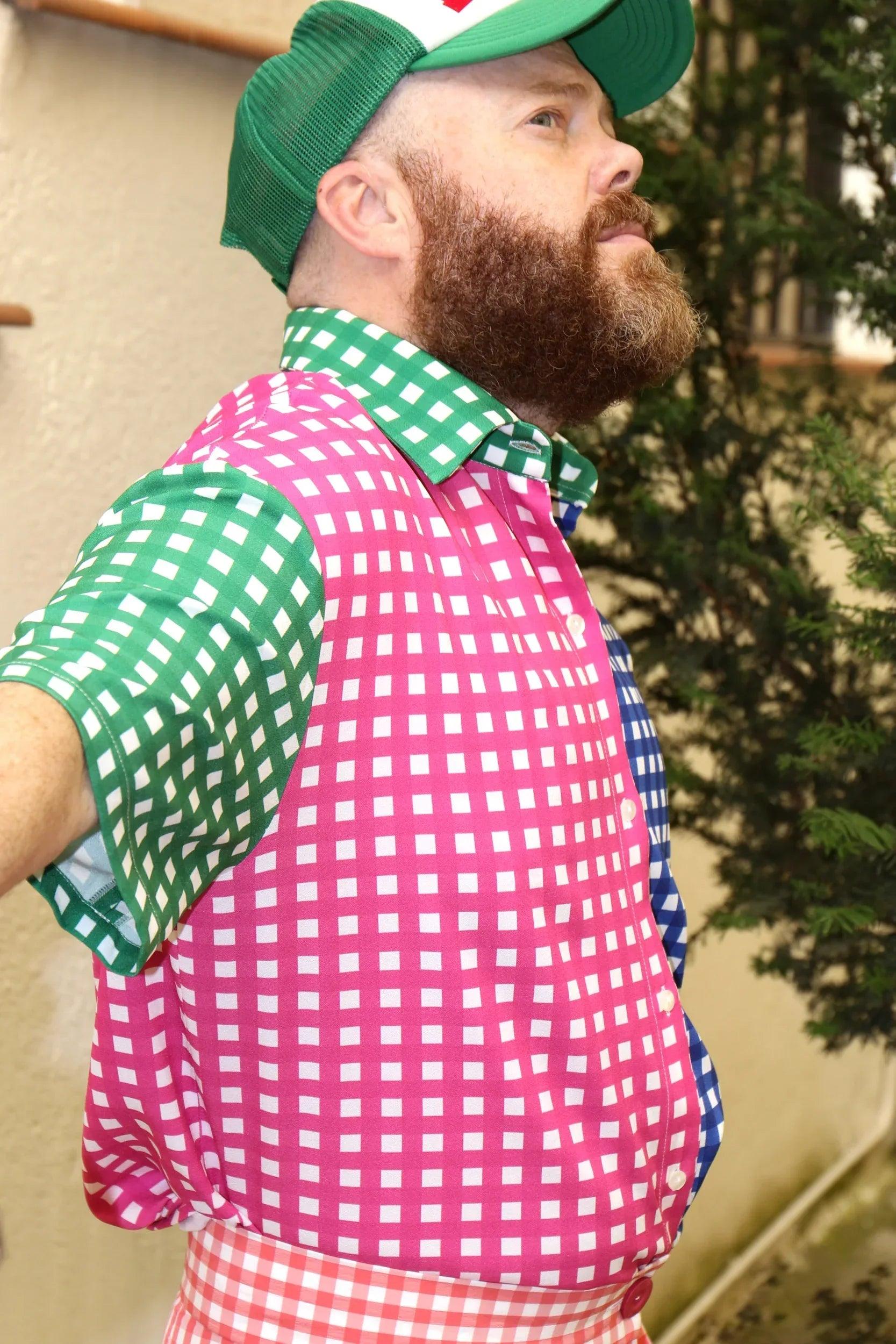 Camisa hombre con patrón Vichy a bloques verde, rosa y azul, manga corta