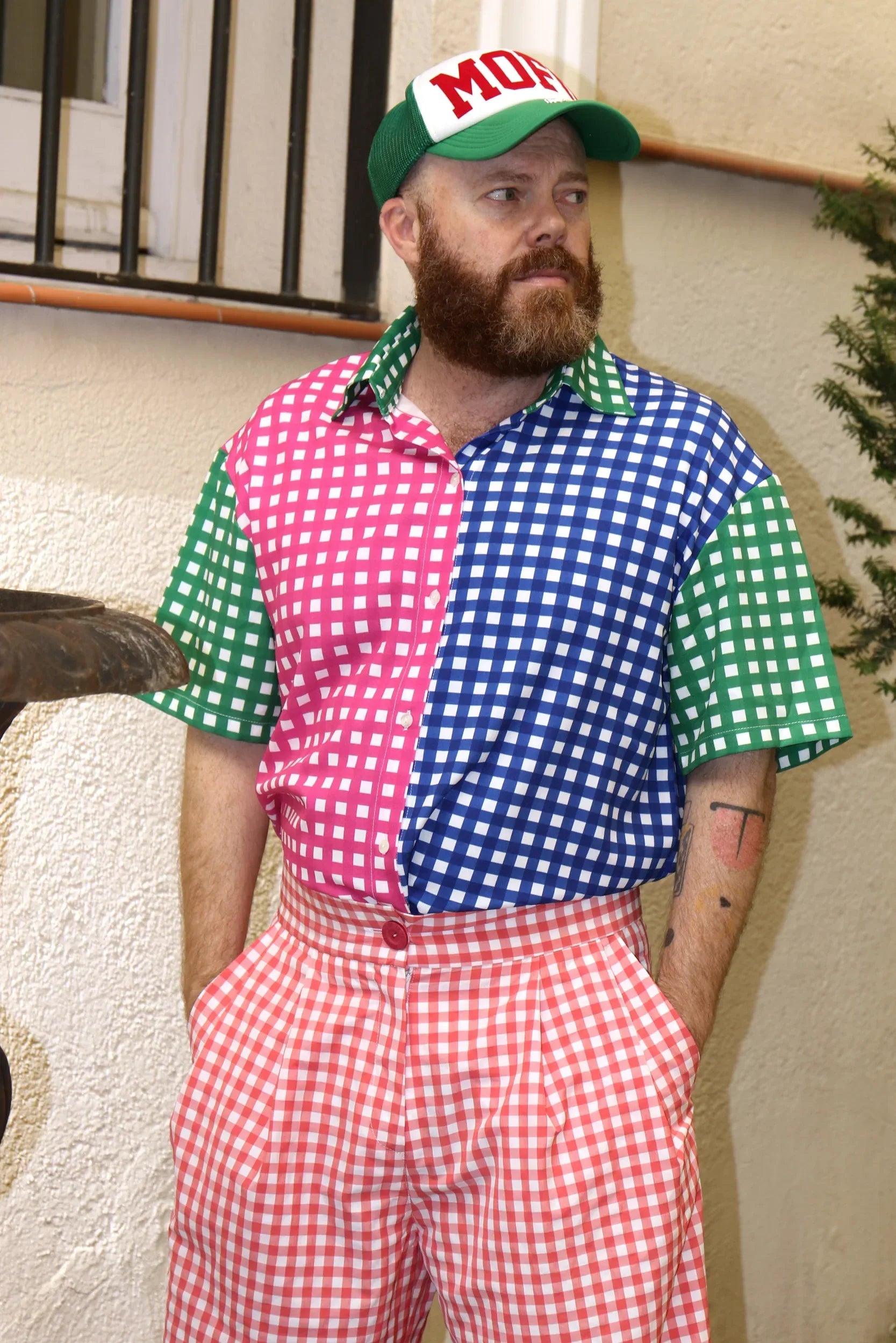 Camisa hombre de cuadros Vichy multicolor en rosa, azul y verde, manga corta