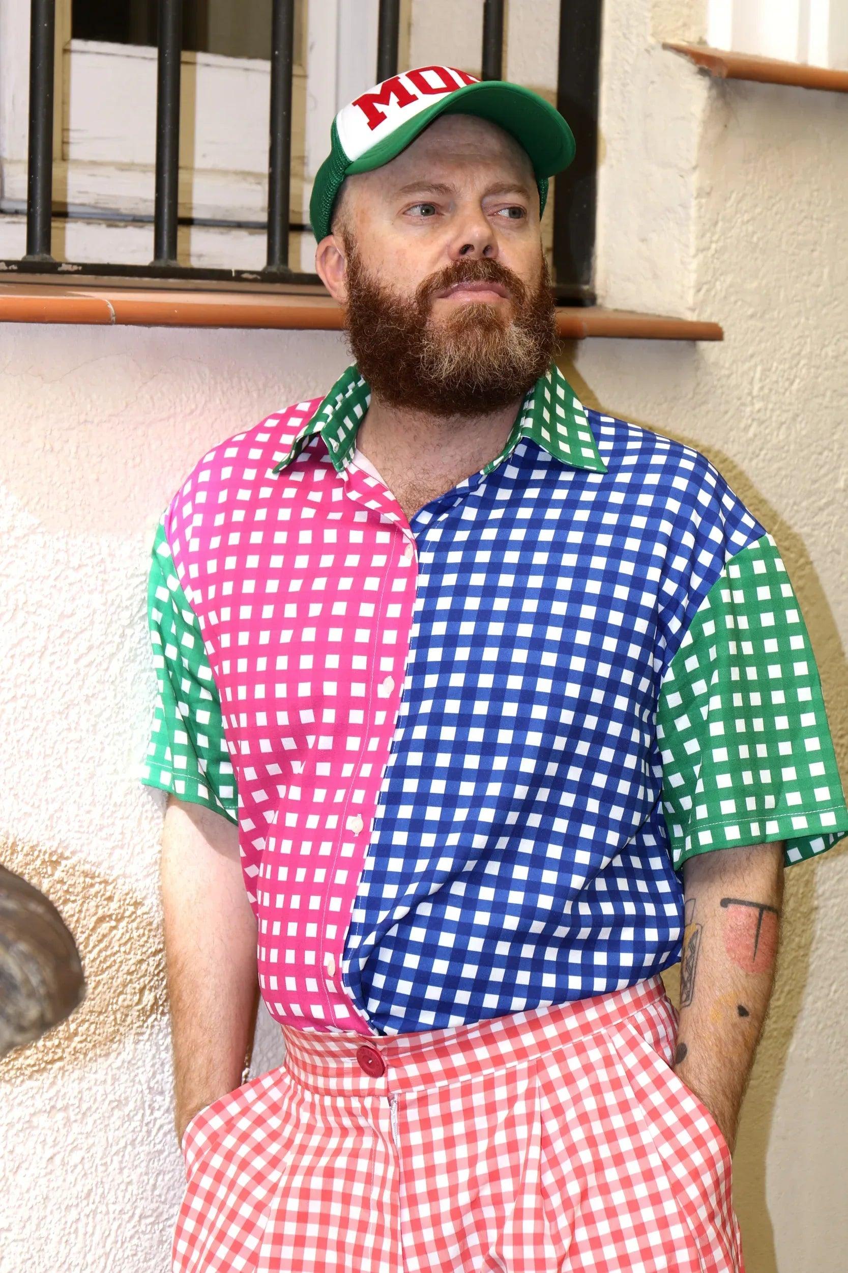 Camisa hombre de cuadros Vichy en azul, verde y rosa con botones visibles