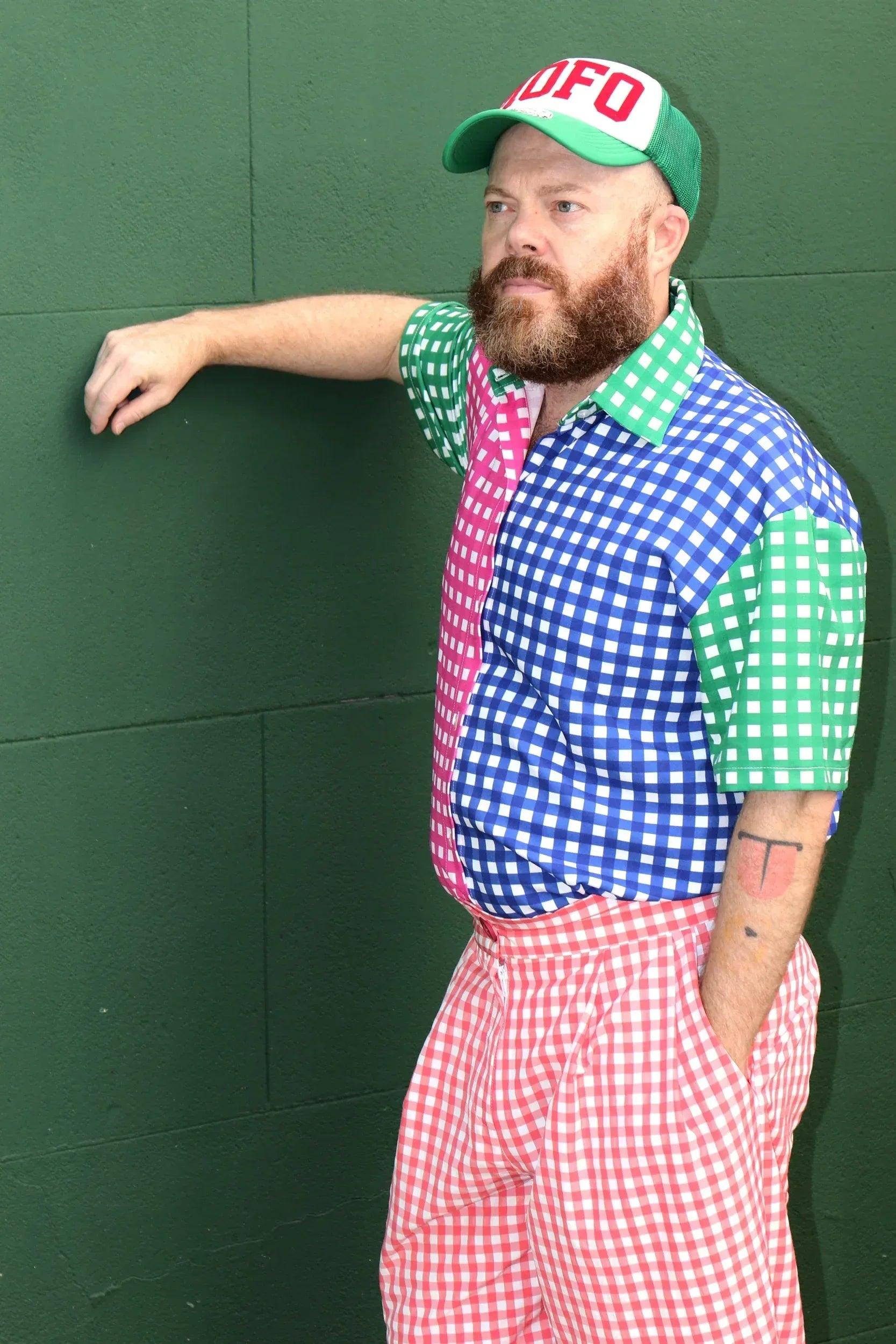 Camisa hombre de cuadros Vichy en azul, verde y rosa, manga corta y cuello abotonado