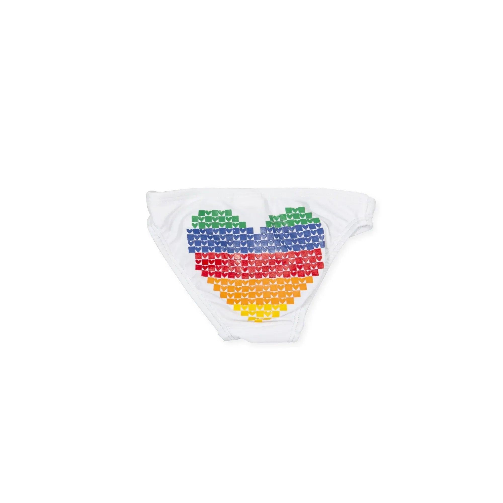 Culot blanco con corazón multicolor con patrón de cuadros en el frente