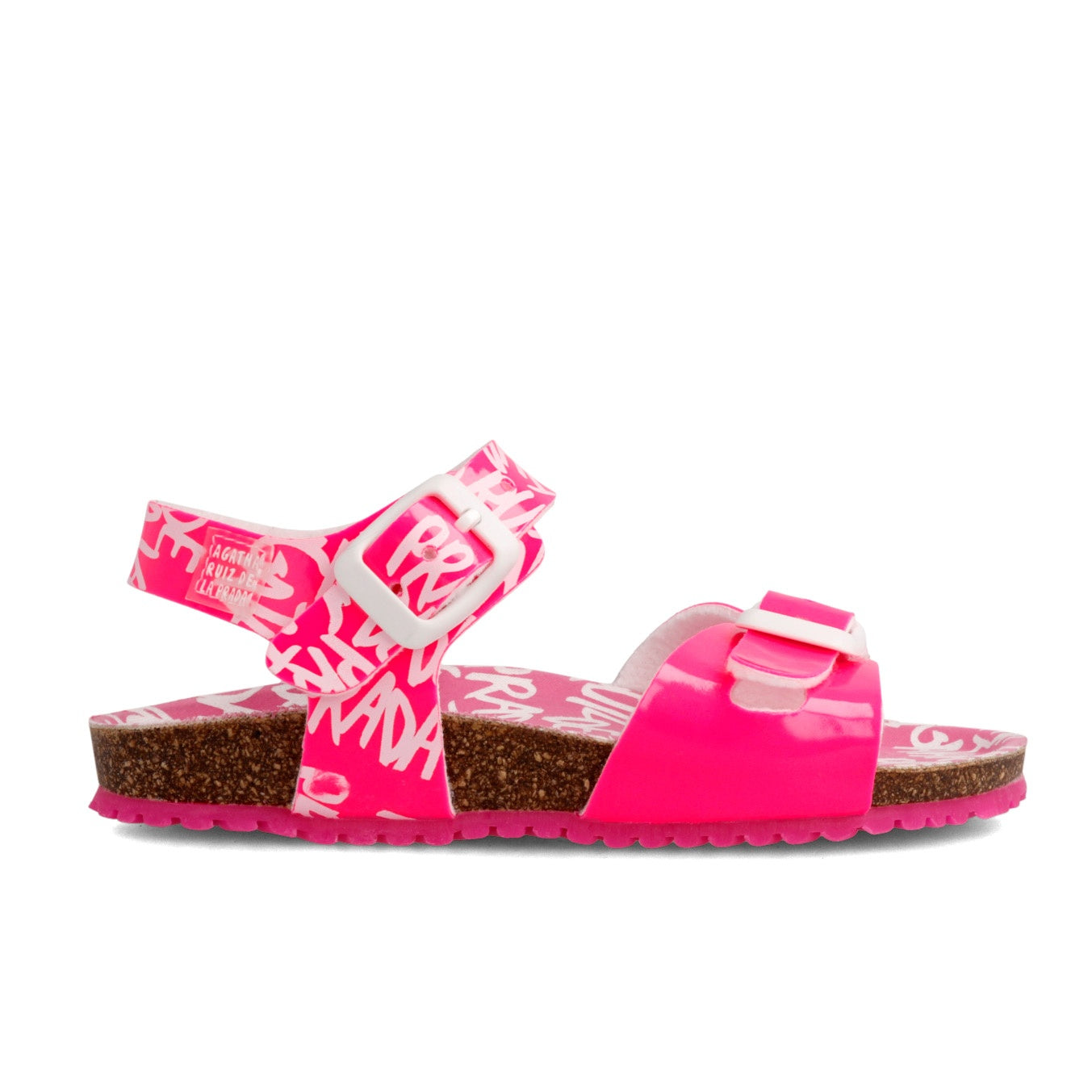 Sandalias bio fucsia con dos tiras y hebilla; suela gruesa con borde de corcho