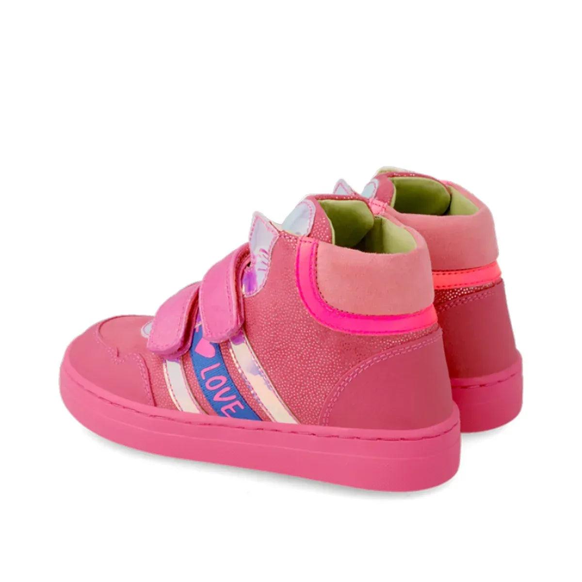 Botín infantil rosa con velcro y borde acolchado, vista trasera