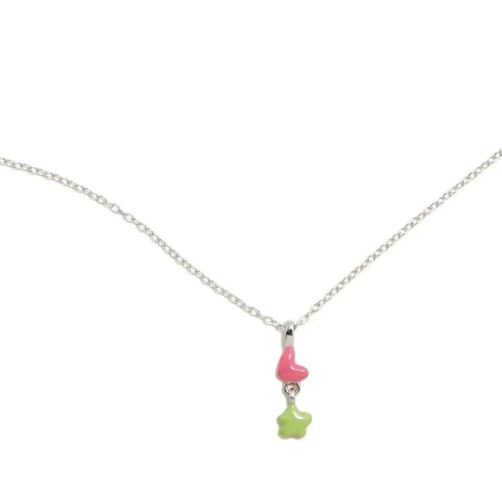 Colgante KOONS con corazón rosa y flor verde en collar de cadena plateada
