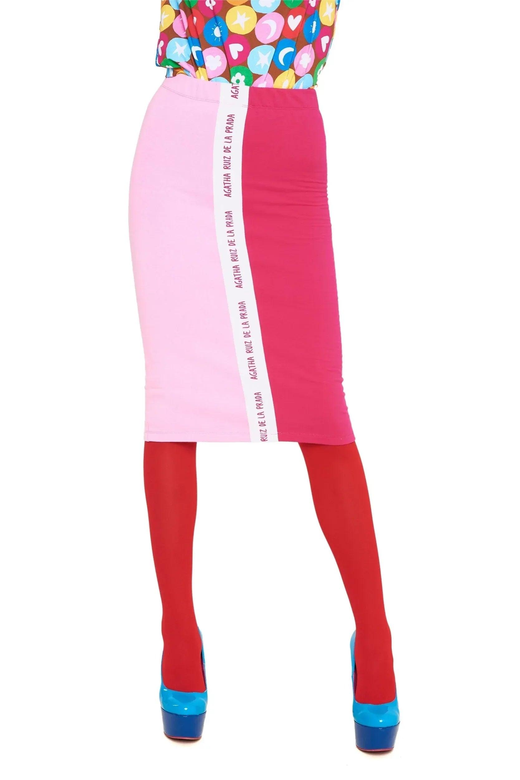 Falda bicolor rosa y fucsia con franja central vertical y costuras laterales