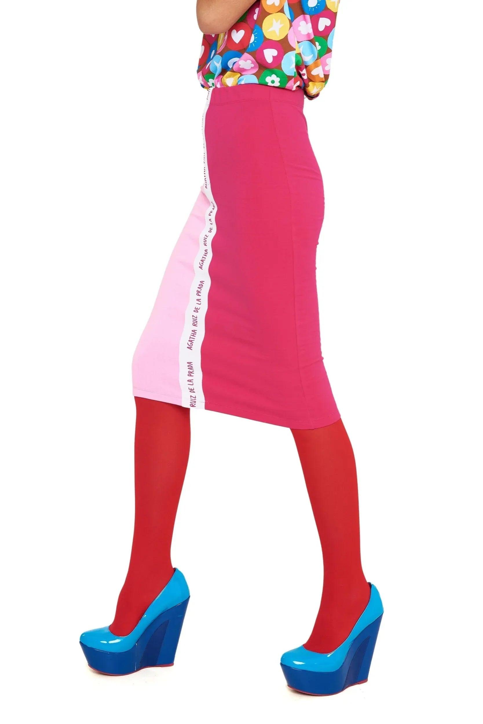Falda bicolor rosa y fucsia con franja vertical y corte midi entallado