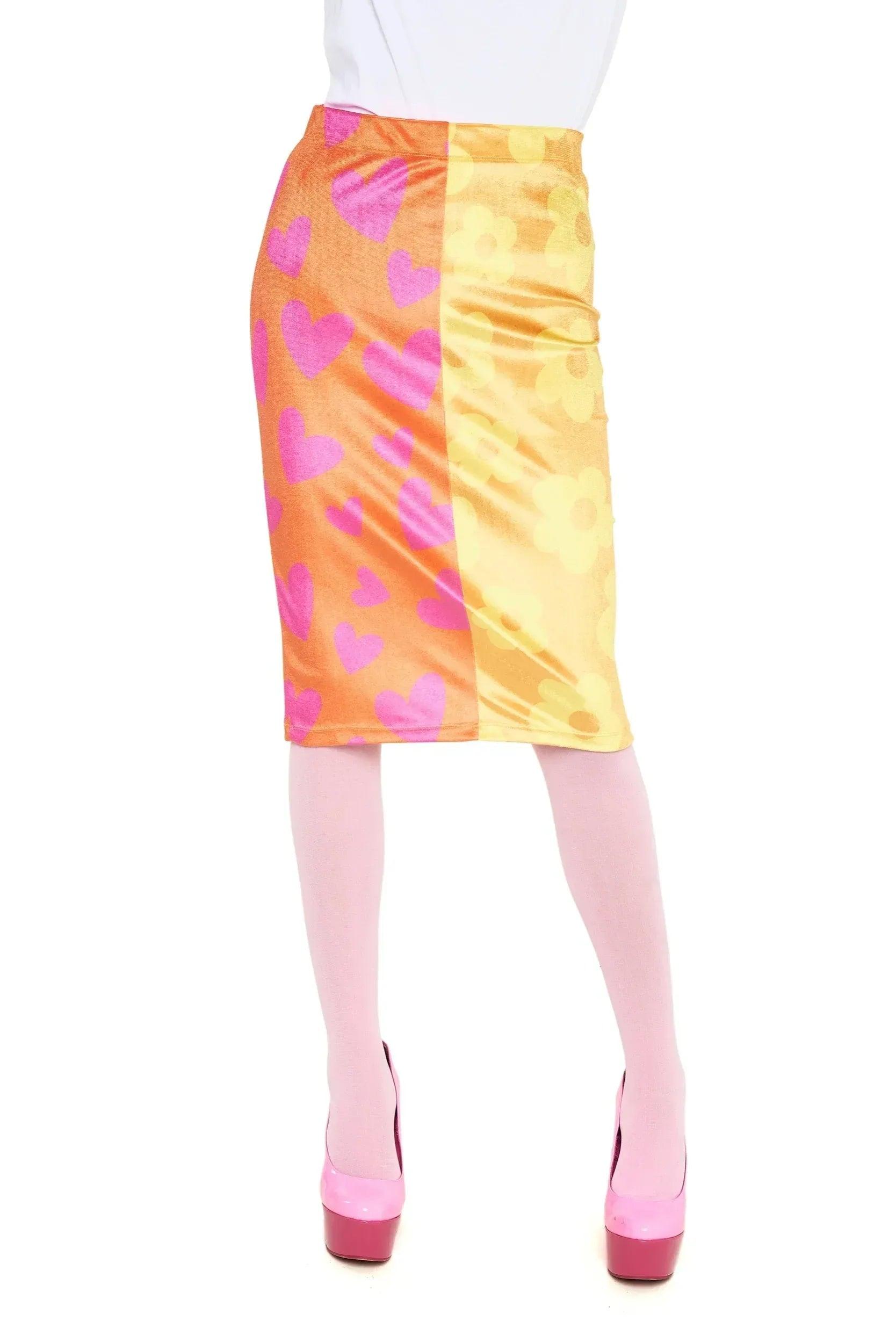 Falda midi amarilla y naranja con corazones rosas y costado drapeado