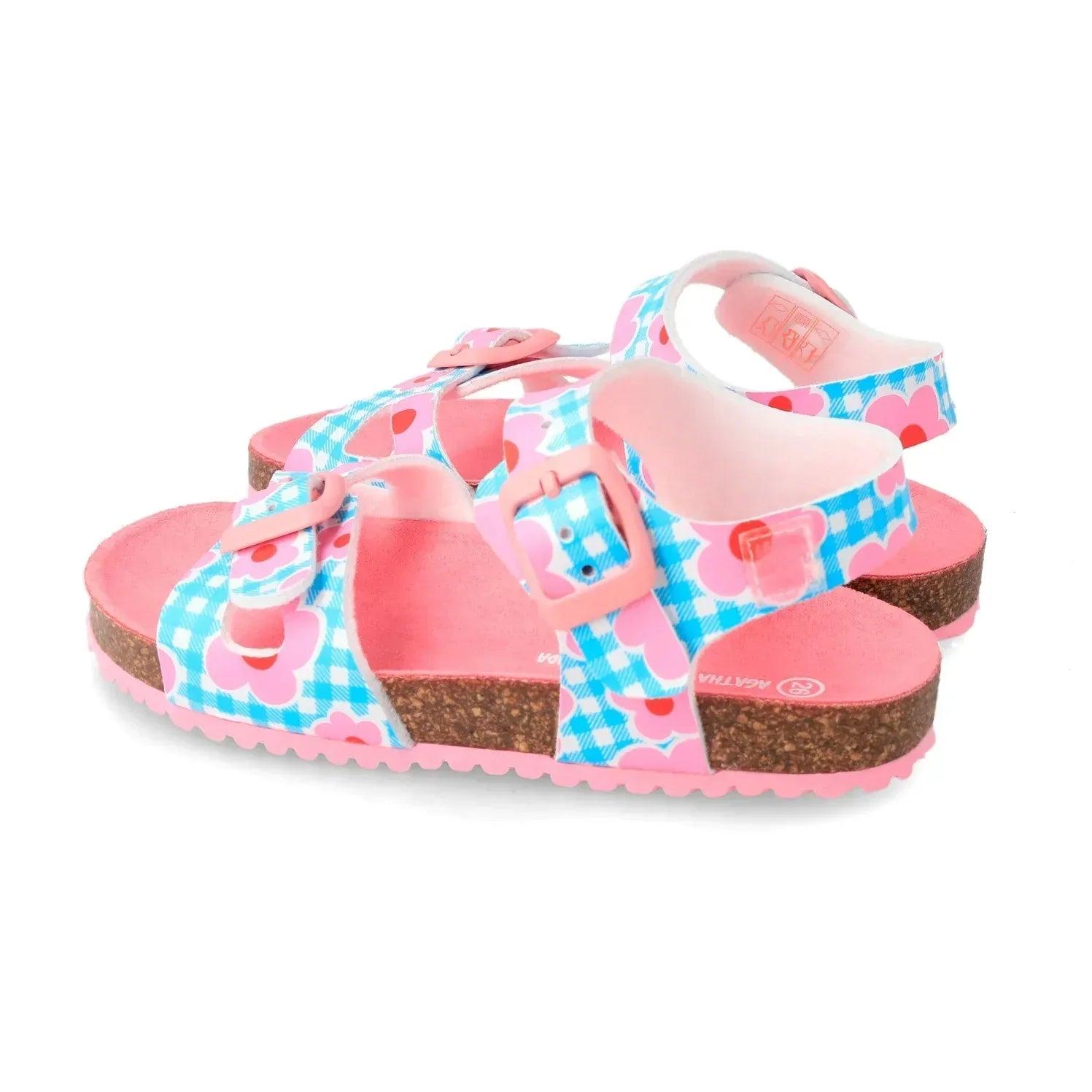 Sandalias bio con dos tiras ajustables y estampado azul turquesa con flores rosas