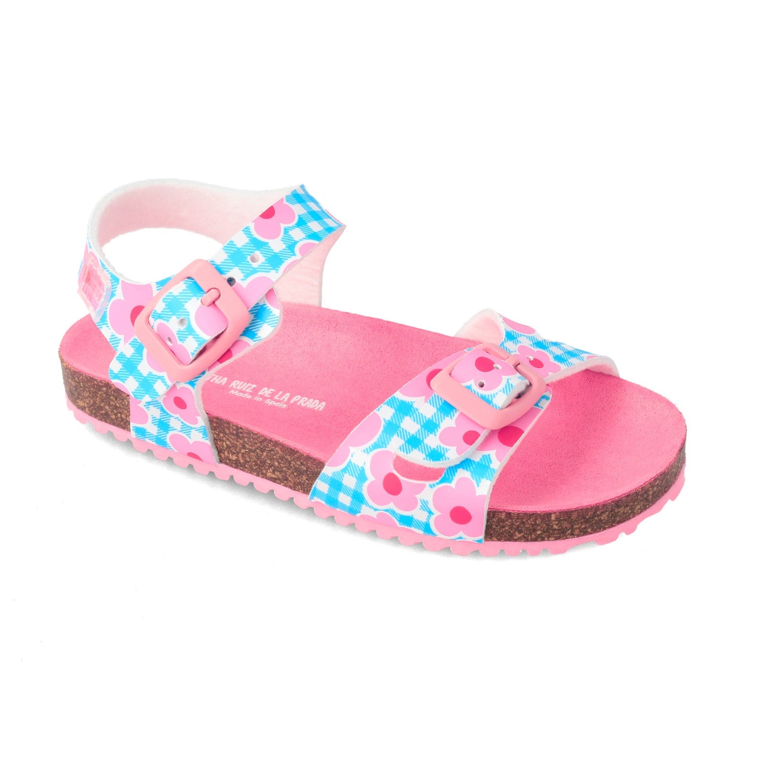 Sandalias bio con tira trasera y frontal doble, estampado azul turquesa con flores rosas