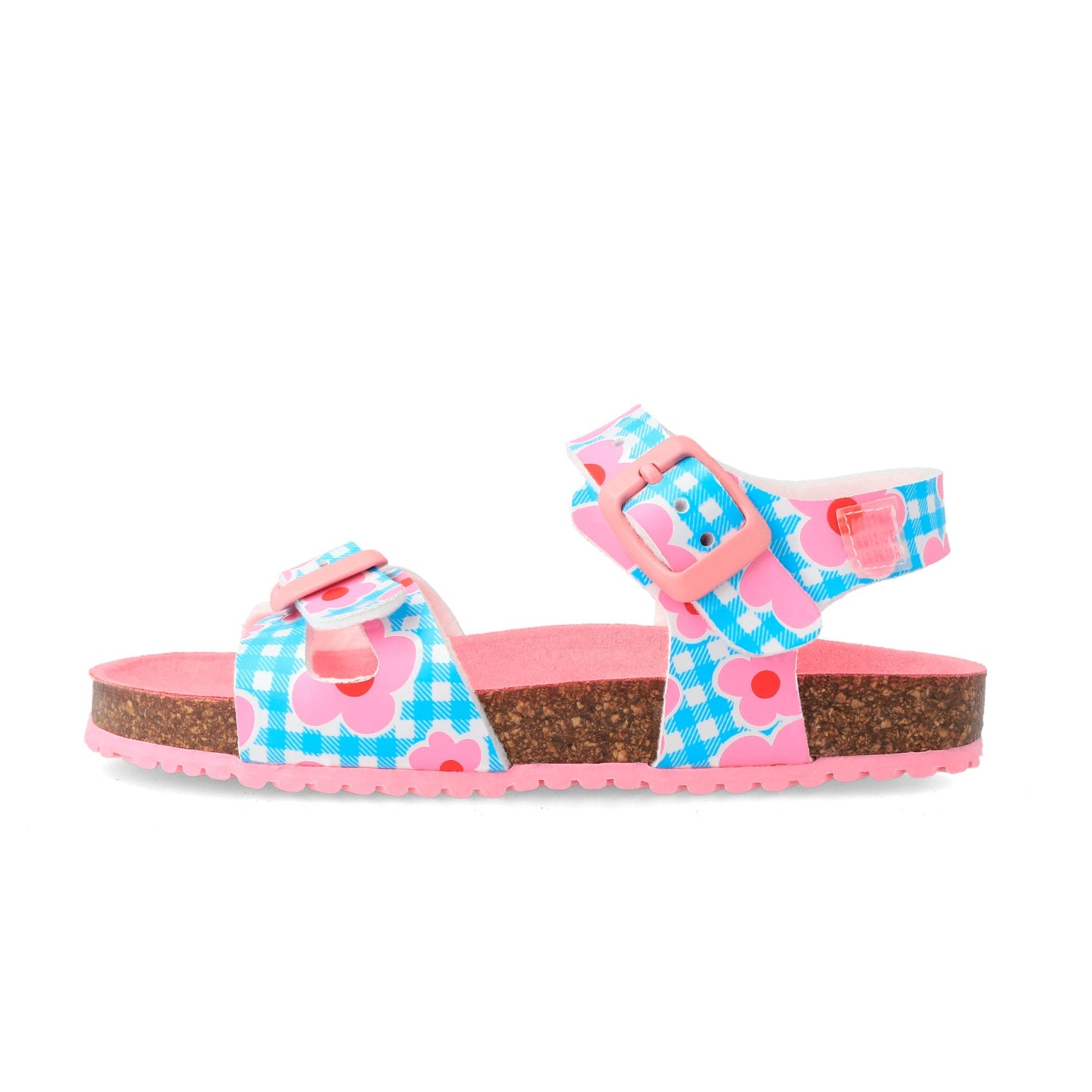Sandalias bio con pulsera trasera y dos tiras, estampado azul turquesa con flores rosas