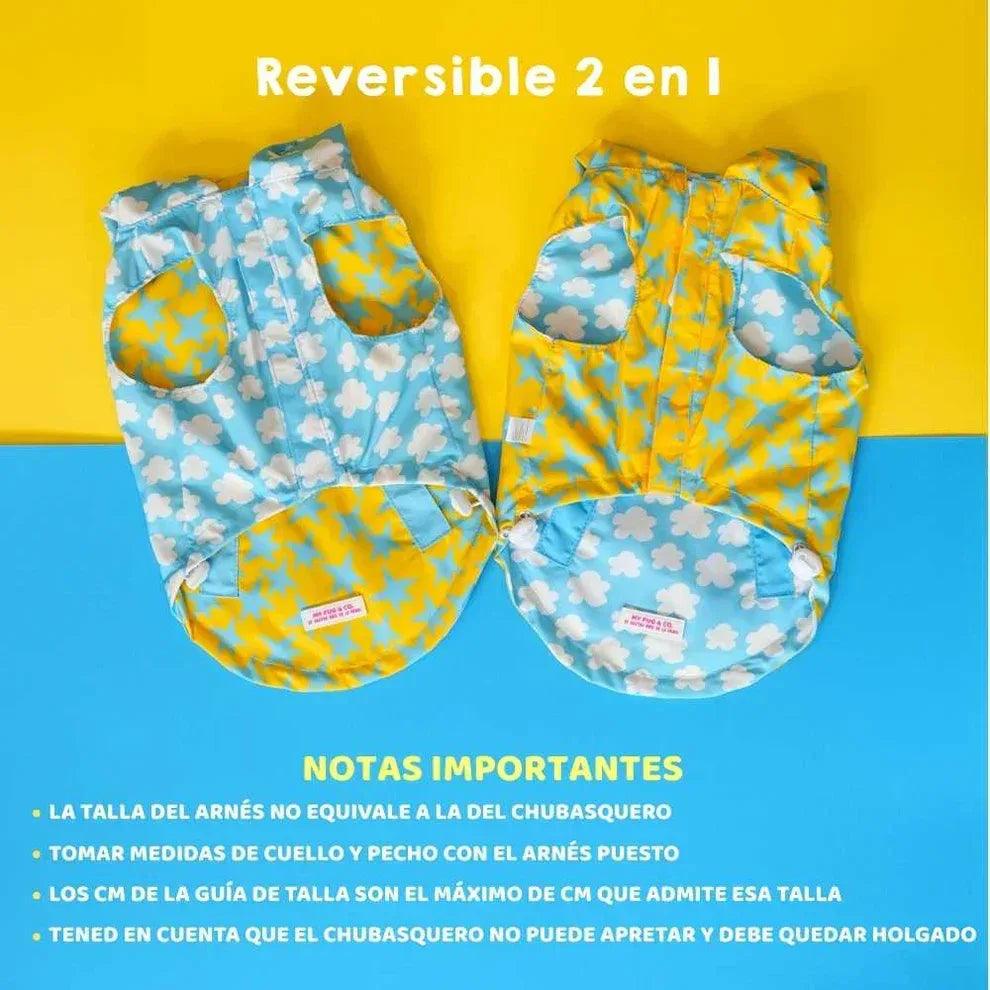 Chubasquero reversible para perro, azul y amarillo con estrellas y capucha