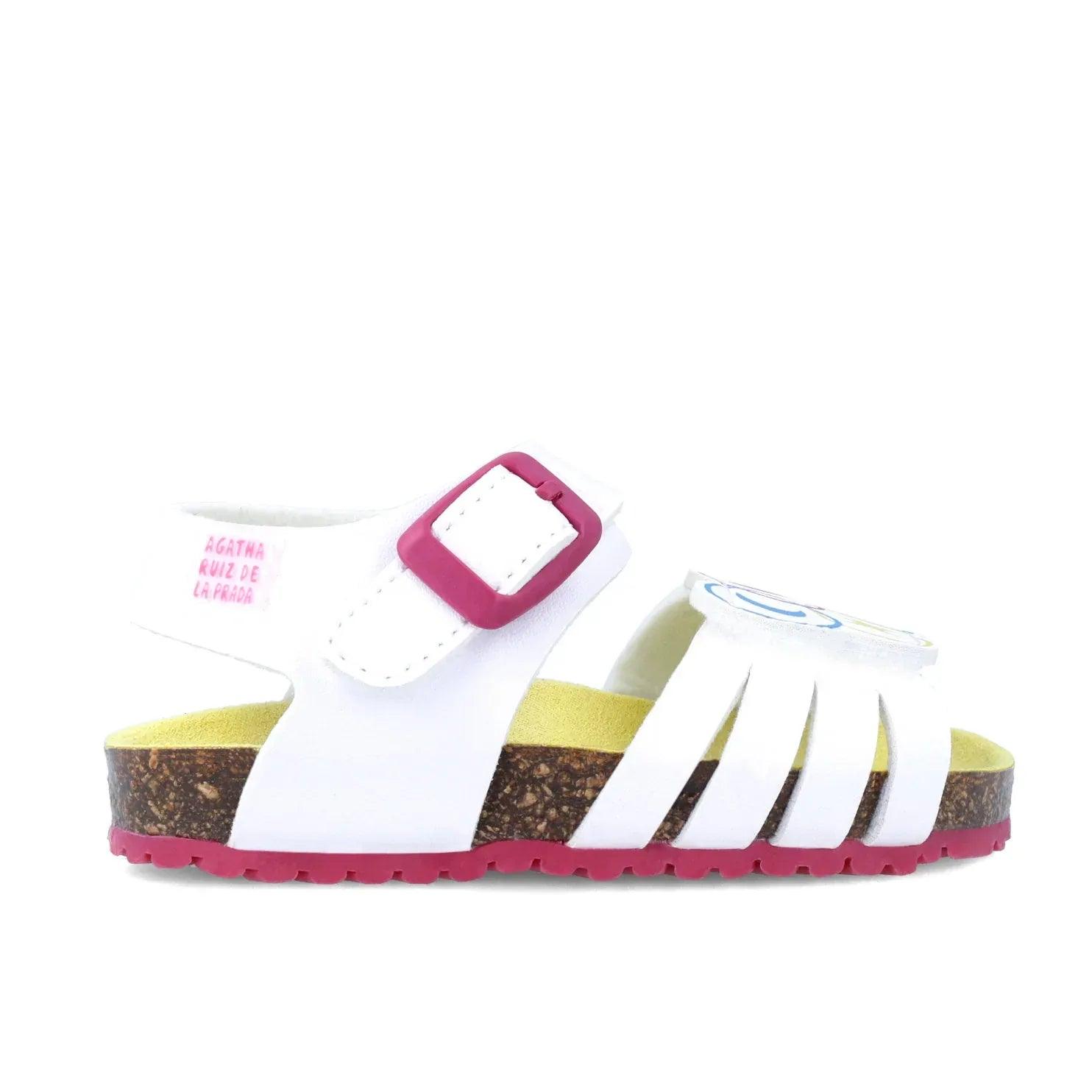 Sandalias BIO OLIMPIADAS blancas con hebilla rosa y suela gruesa marrón