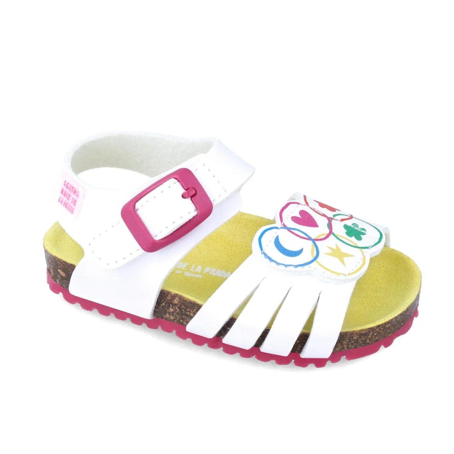Sandalias BIO OLIMPIADAS blancas con hebilla rosa y estampado infantil en el empeine