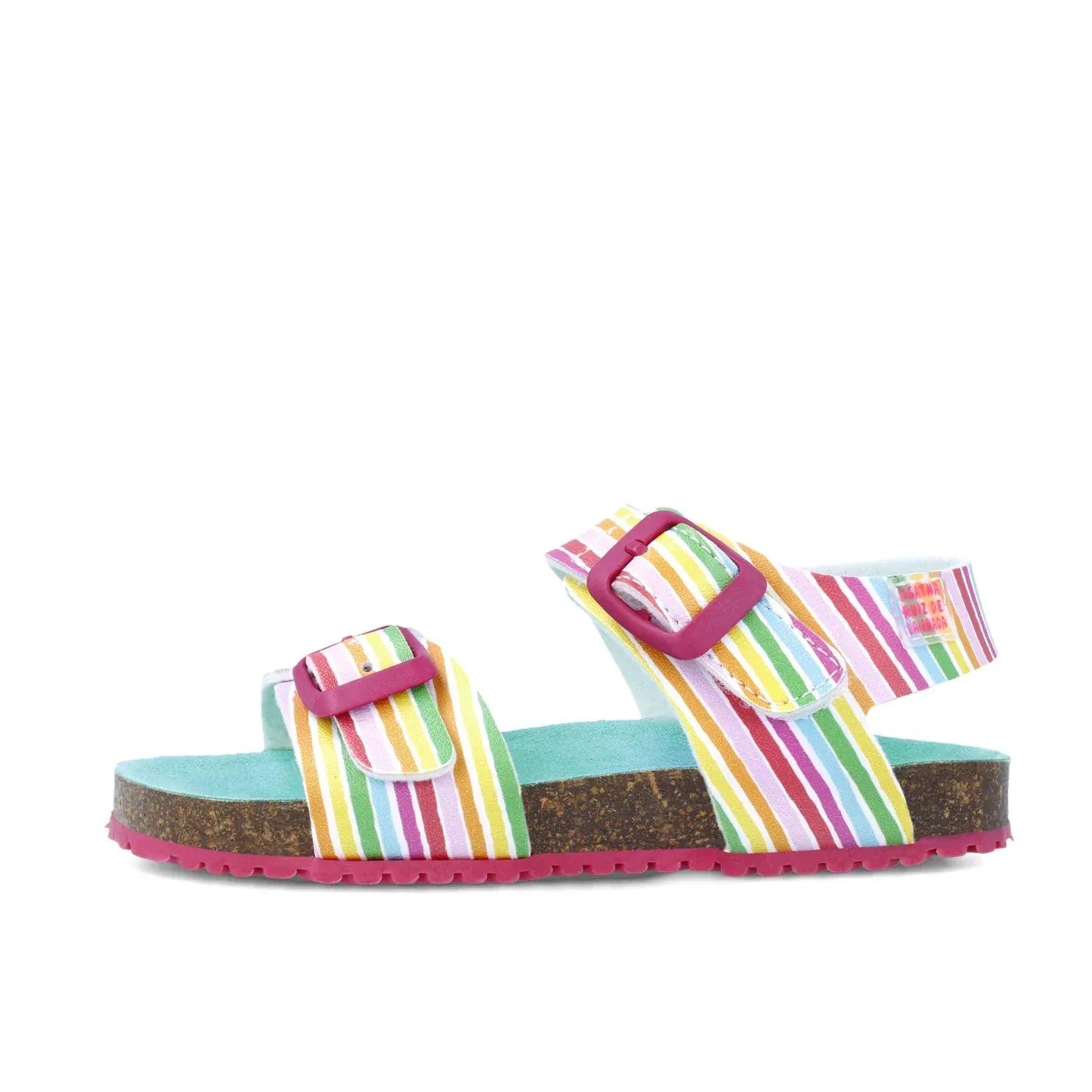 Sandalias bio con tiras a rayas multicolor y hebillas moradas, suela de corcho