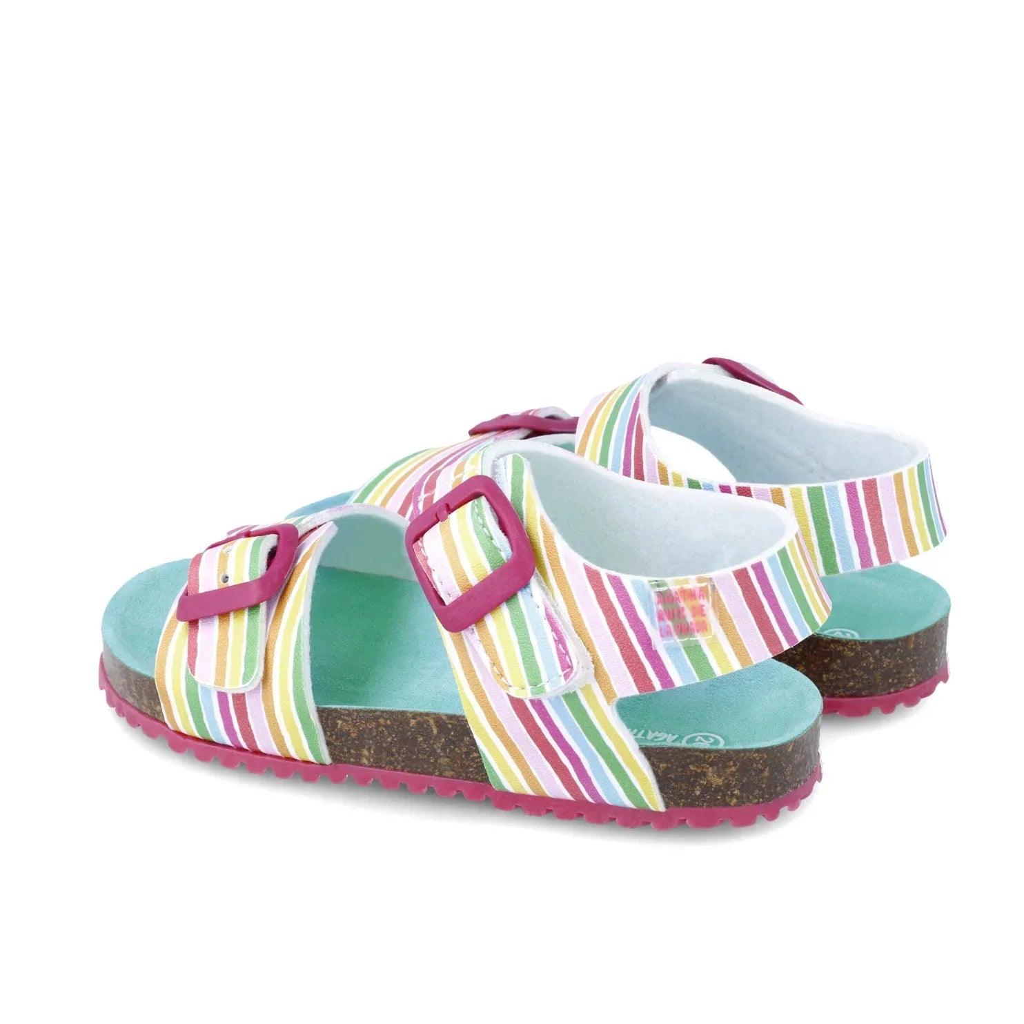 Sandalias bio rayadas con dos tiras y hebilla morada, suela de corcho