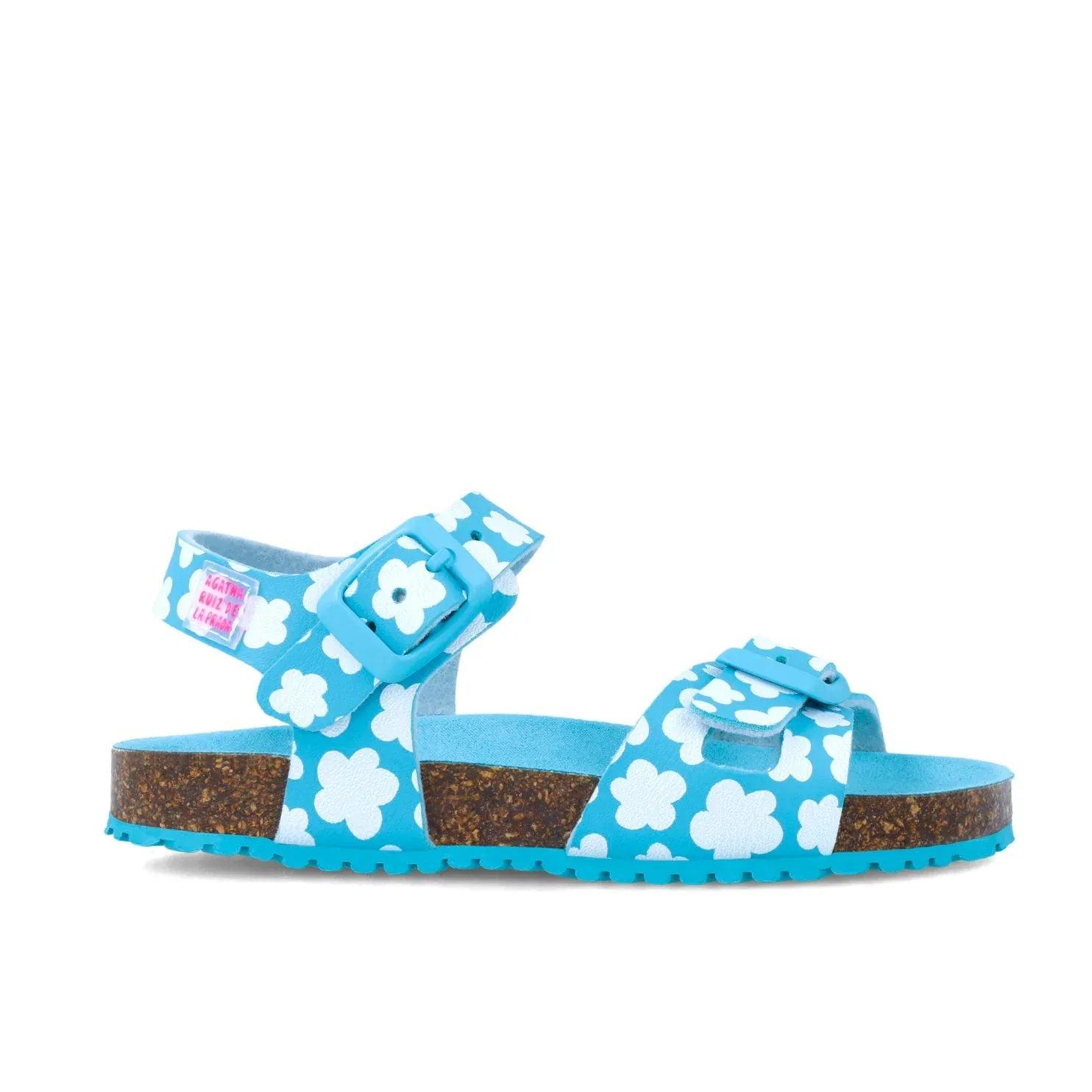 Sandalias bio azul con flores blancas, hebillas y suela de plataforma de corcho