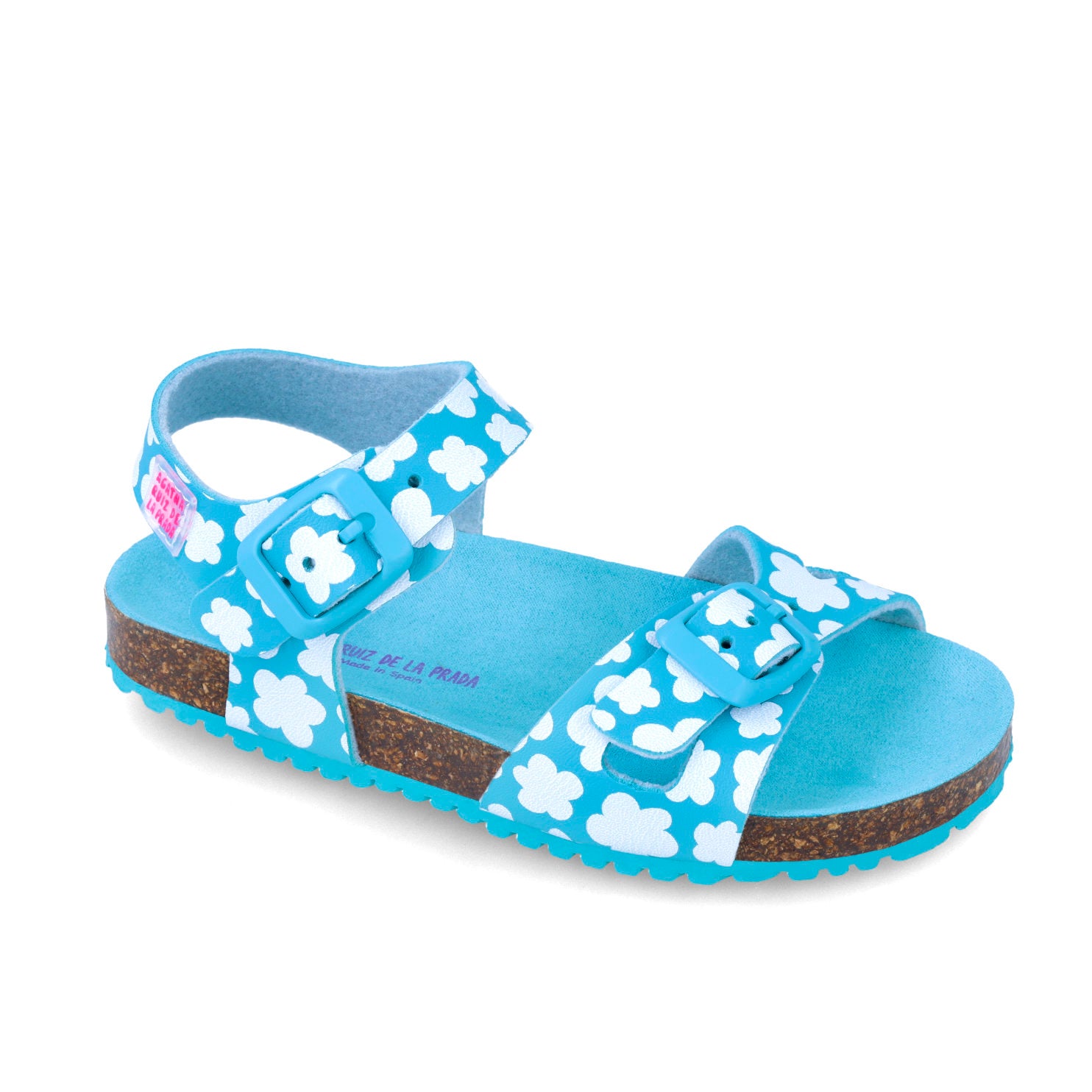 Sandalias bio azules de doble tira con estampado de flores blancas y suela de corcho
