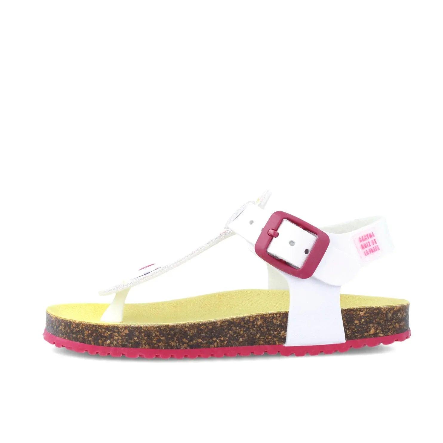 Sandalia bio blanca de tacón bajo con correa ajustable y suela rosa