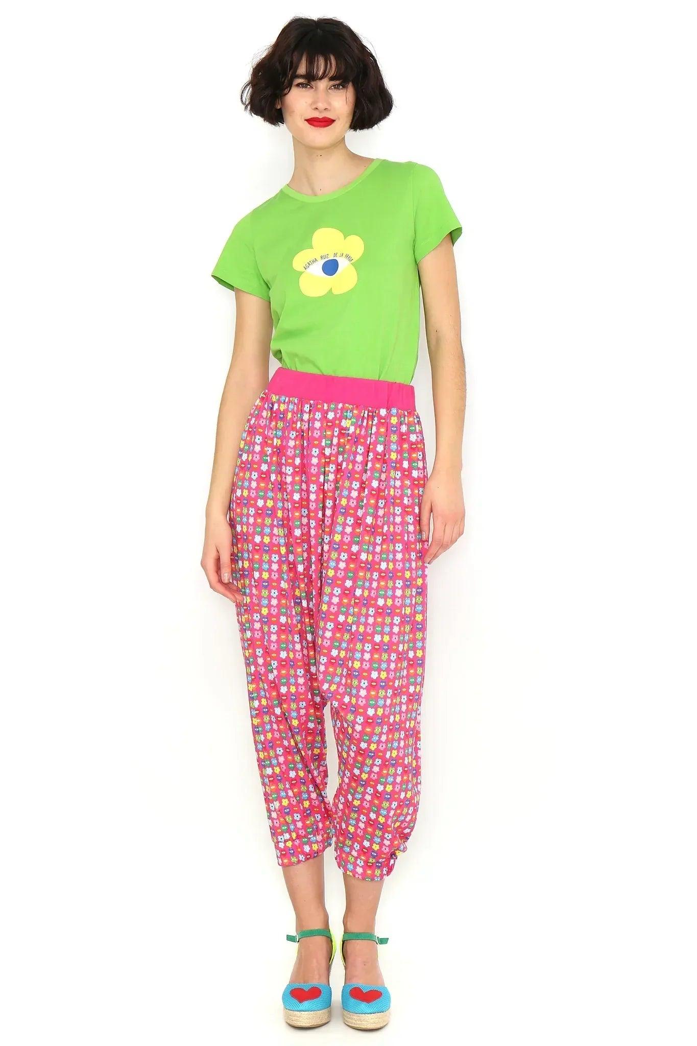 Pantalón estampado tiro bajo de largo 3/4, patrón geométrico y cintura elástica