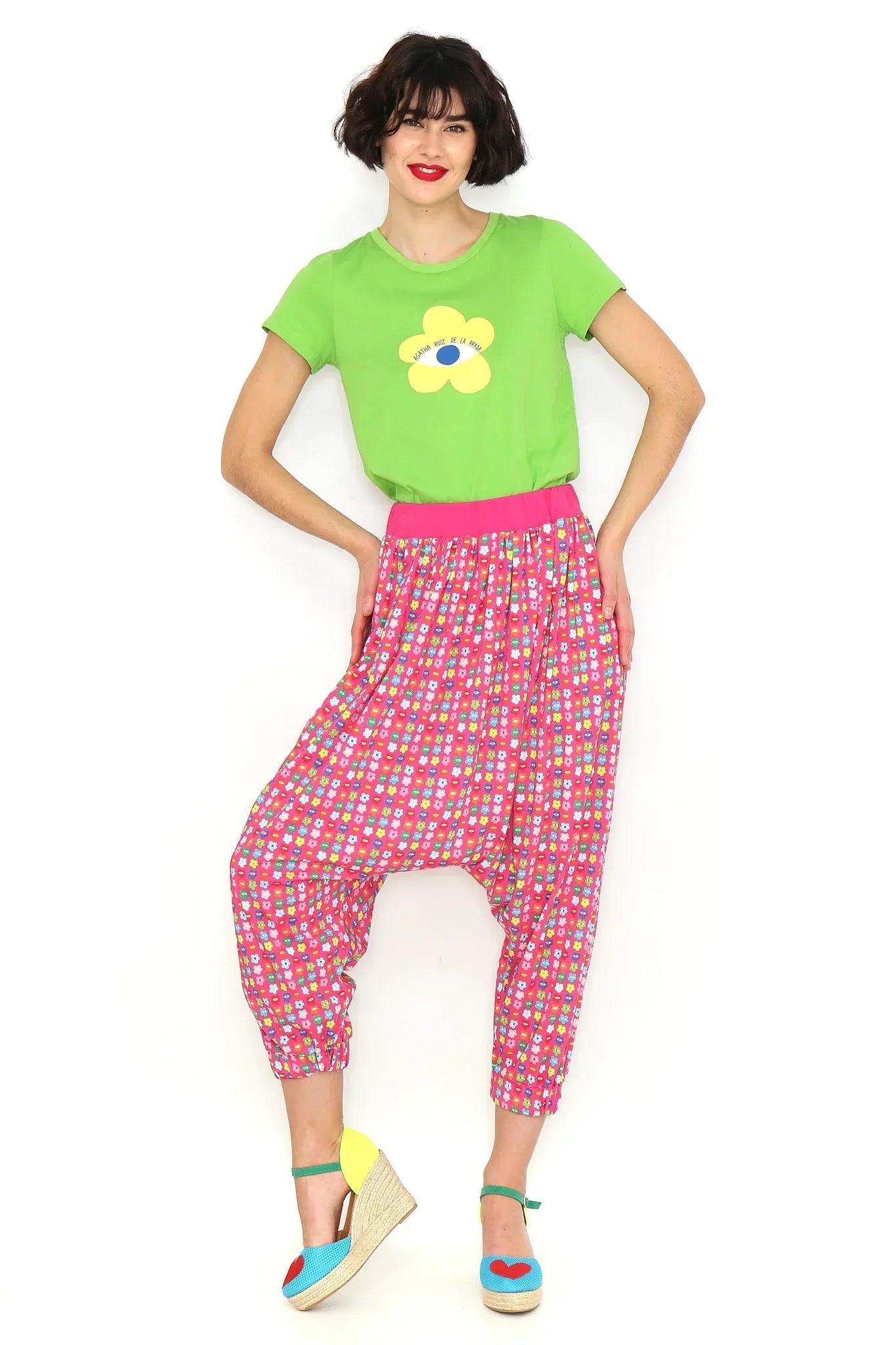 Pantalón estampado tiro bajo con patrón geométrico, cintura fruncida y pierna entallada
