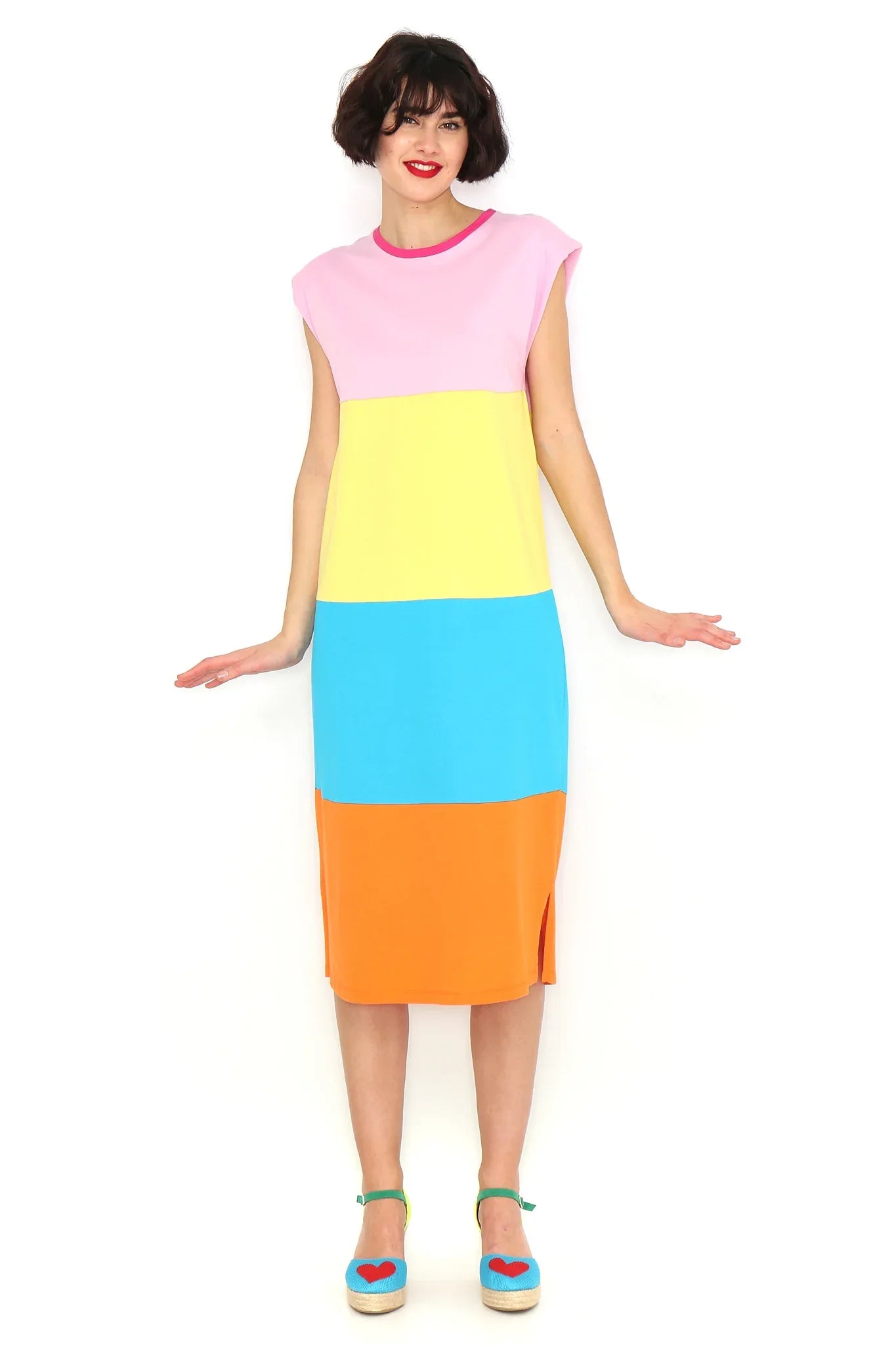 Vestido sin mangas con hombreras, rosa, amarillo, azul y naranja en bloques