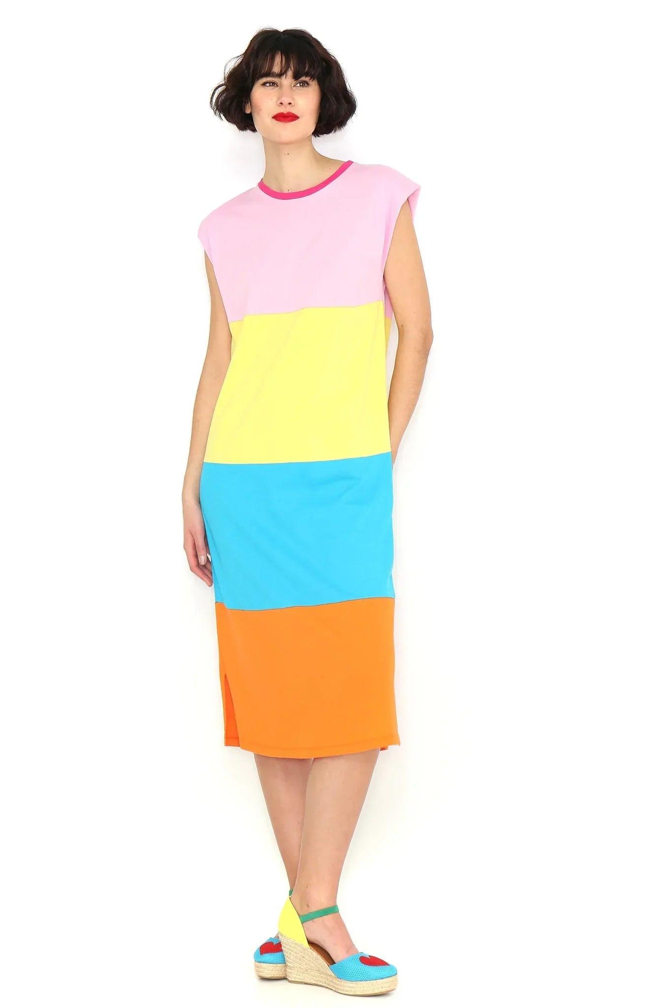 Vestido sin mangas con hombreras en bloques de color: rosa, amarillo, azul y naranja