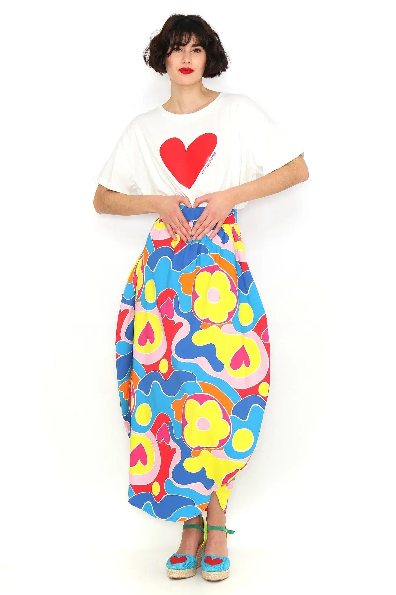 Falda larga circular multicolor con cintura elástica y estampado abstracto azul