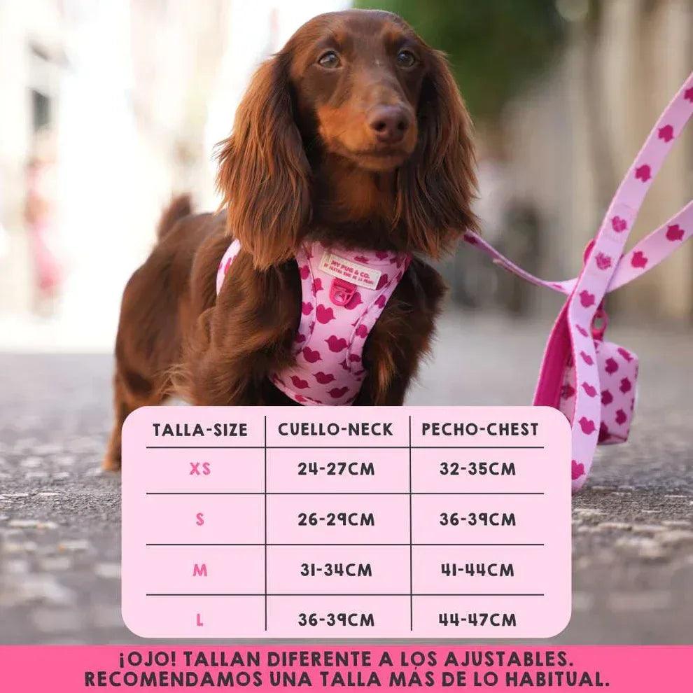 Chaleco ajustable para perro con estampado de corazones fucsia y blanco, con ajuste