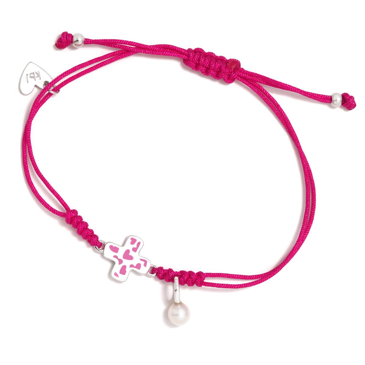 PULSERA CORDÓN CRUZ CORAZONES FUCSIAS