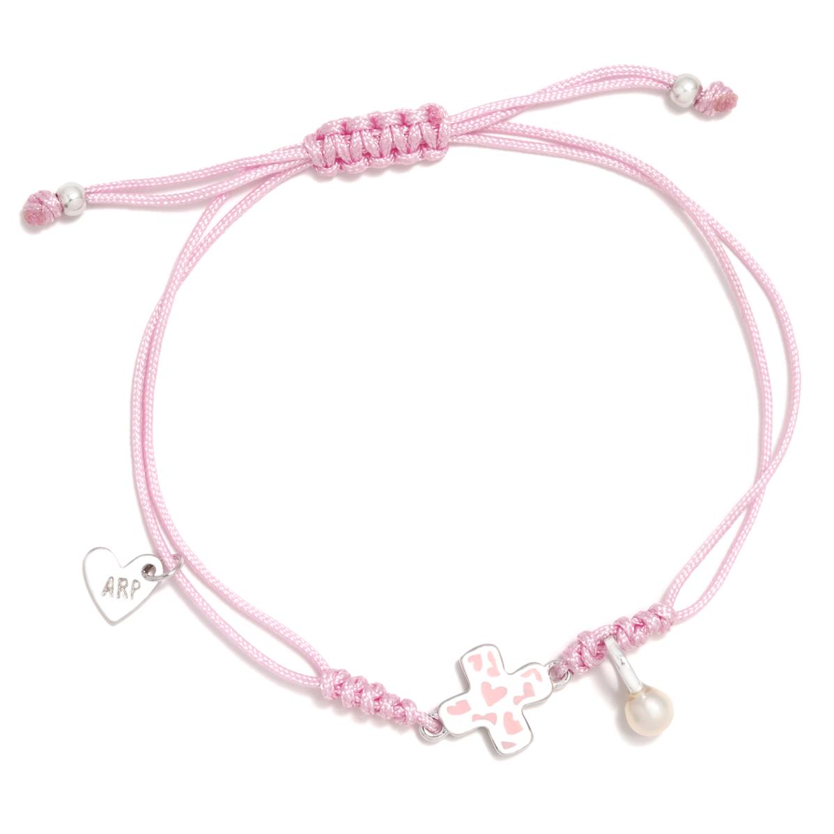 PULSERA CORDÓN CRUZ CORAZONES ROSA