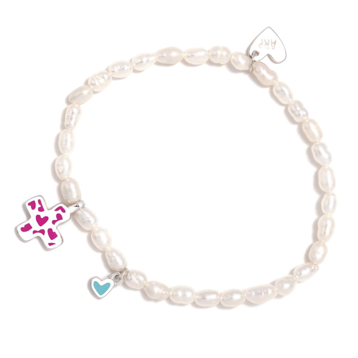 PULSERA PERLAS CRUZ CORAZONES FUCSIA