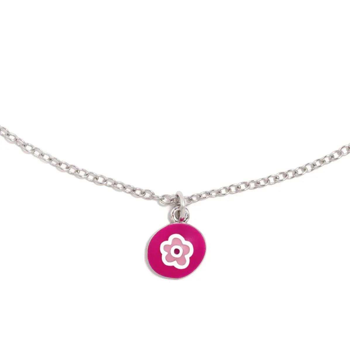 Colgante circular fucsia con flor, en cadena de plata