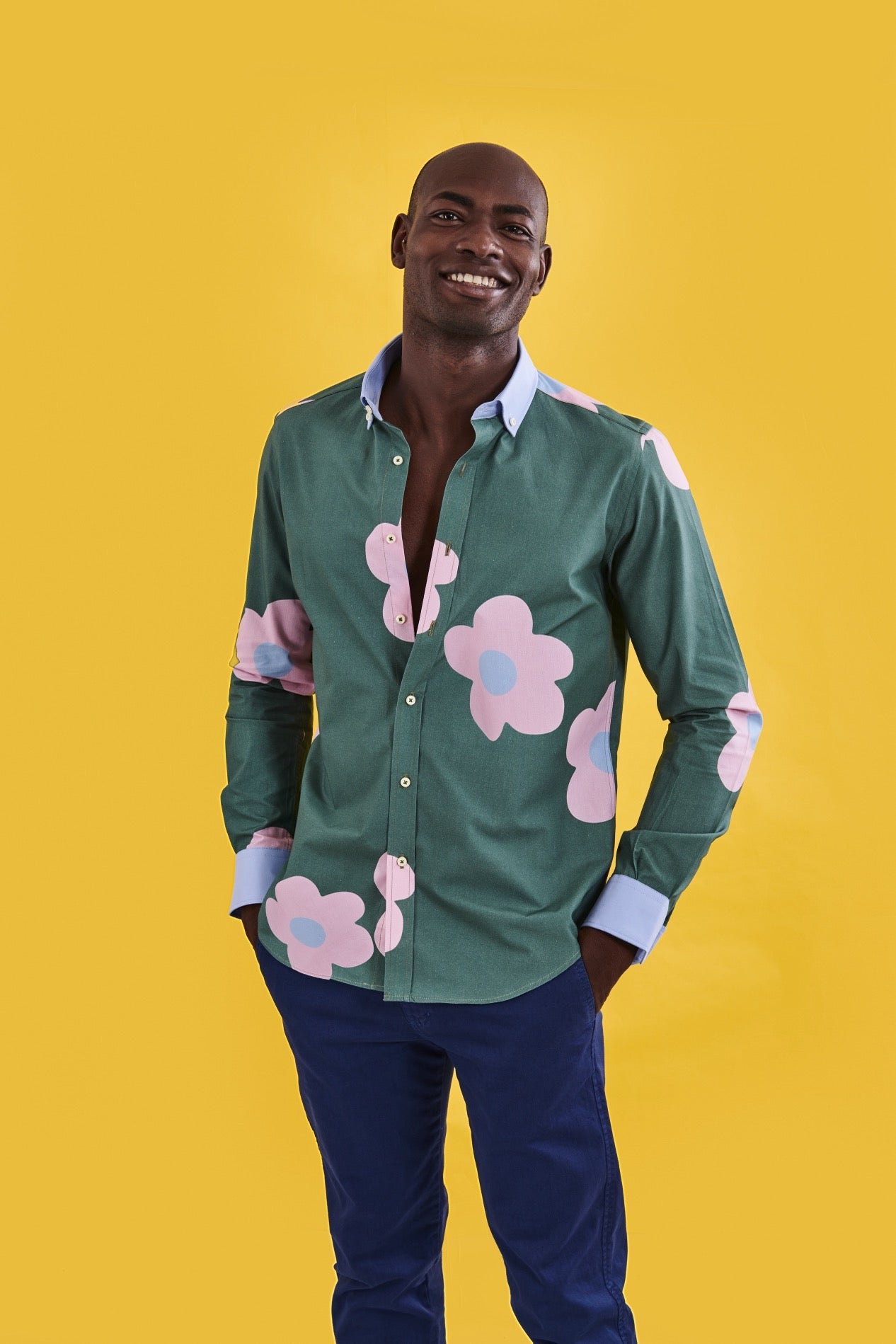 GREEN MEN'S SHIRT WITH PINK FLOWERS