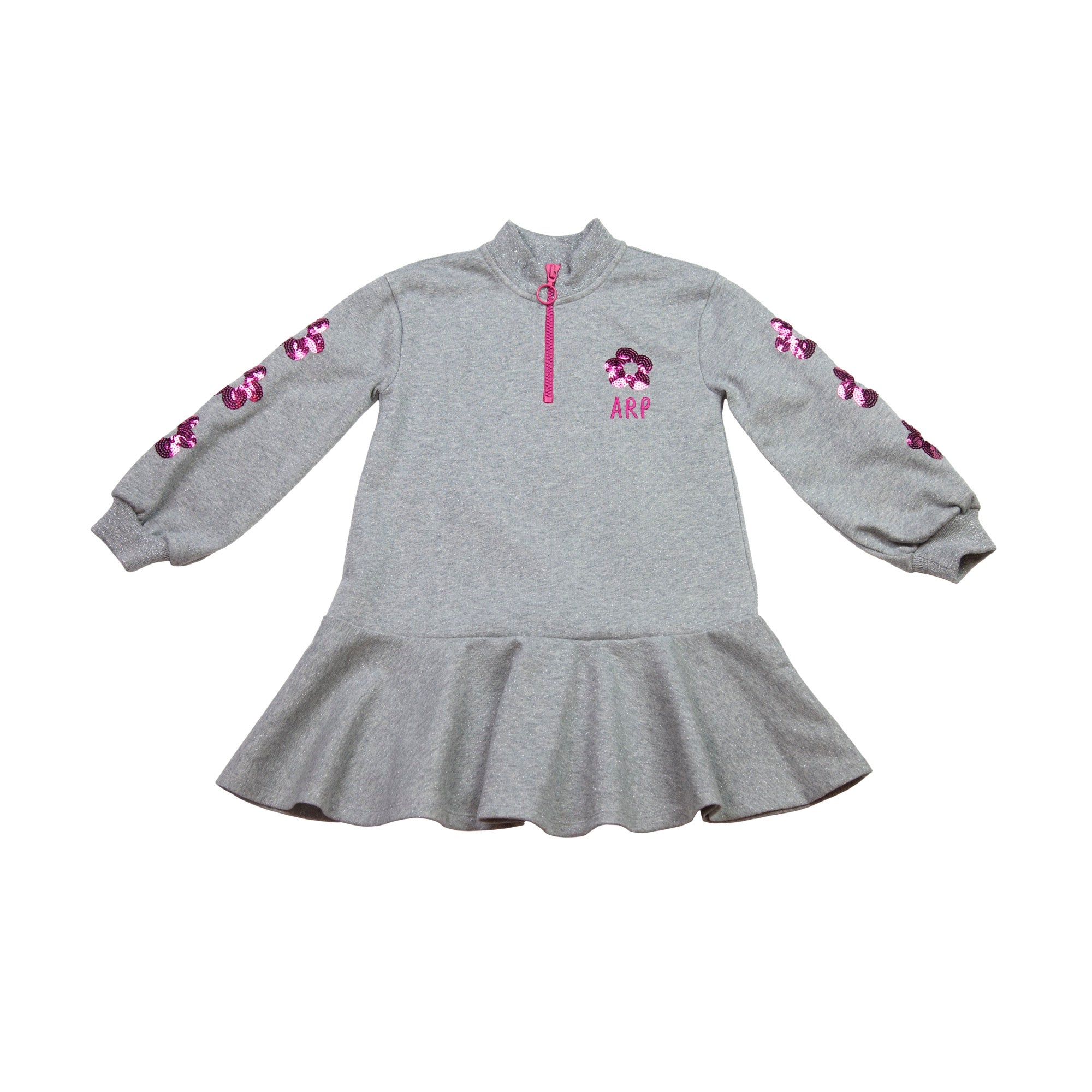 VESTIDO GRIS FLORES FUCSIAS