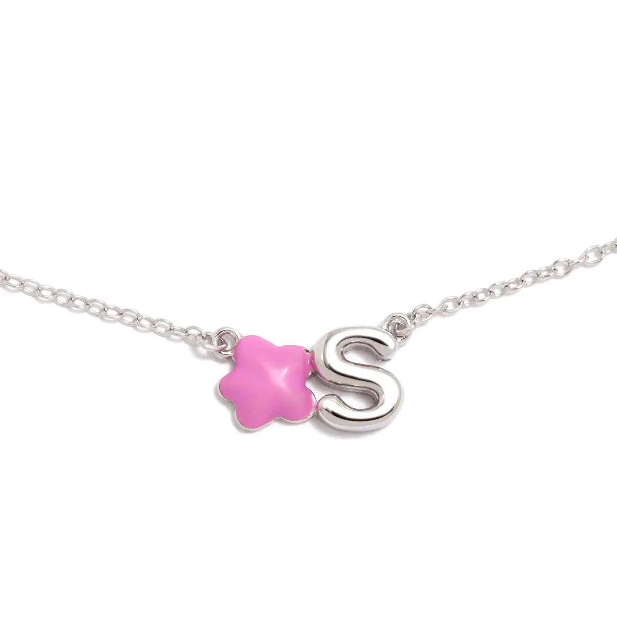 Colgante de plata con inicial S y corazón rosa de esmalte, con cadena