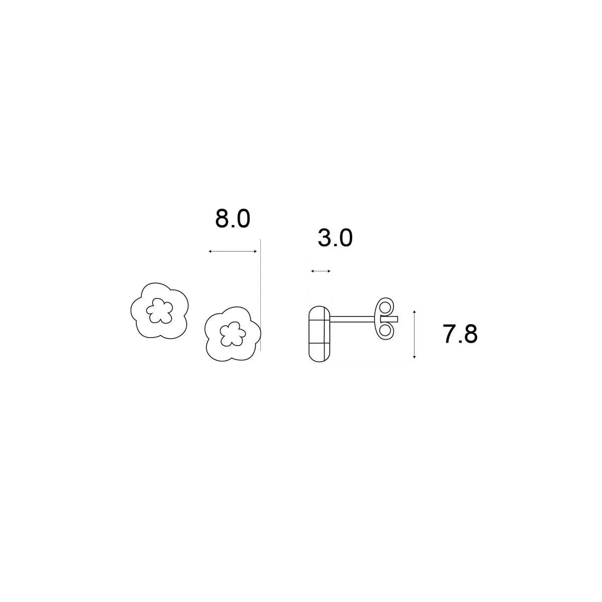 Pendientes tipo dona turquesa con flor; diagrama y medidas 8,0 y 7,8.