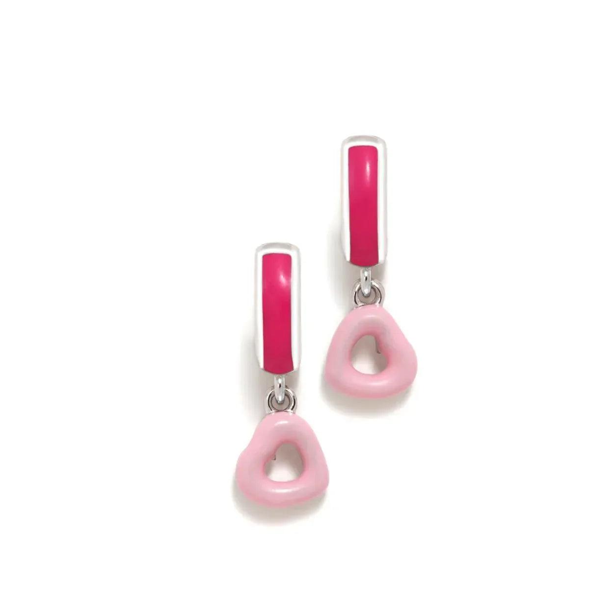 Aretes colgantes con corazón tipo dona rosa y fucsia, con gancho plateado