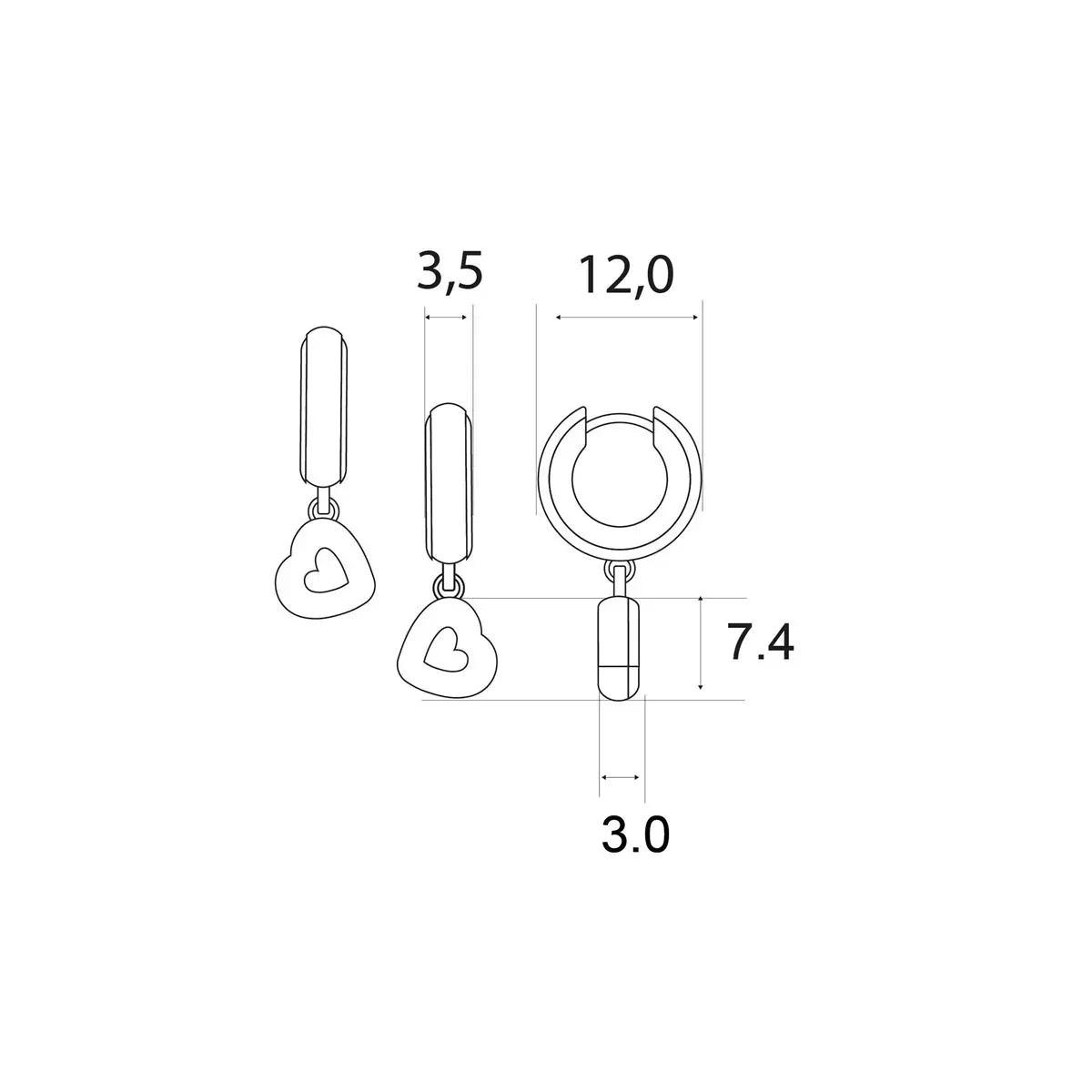 Dibujo técnico de aretes con corazon y cierre, medidas en mm