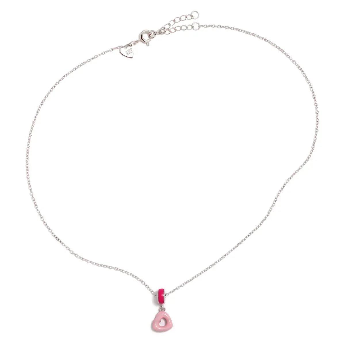 Collar de cadena plateada con colgante rosa en forma de corazón donut