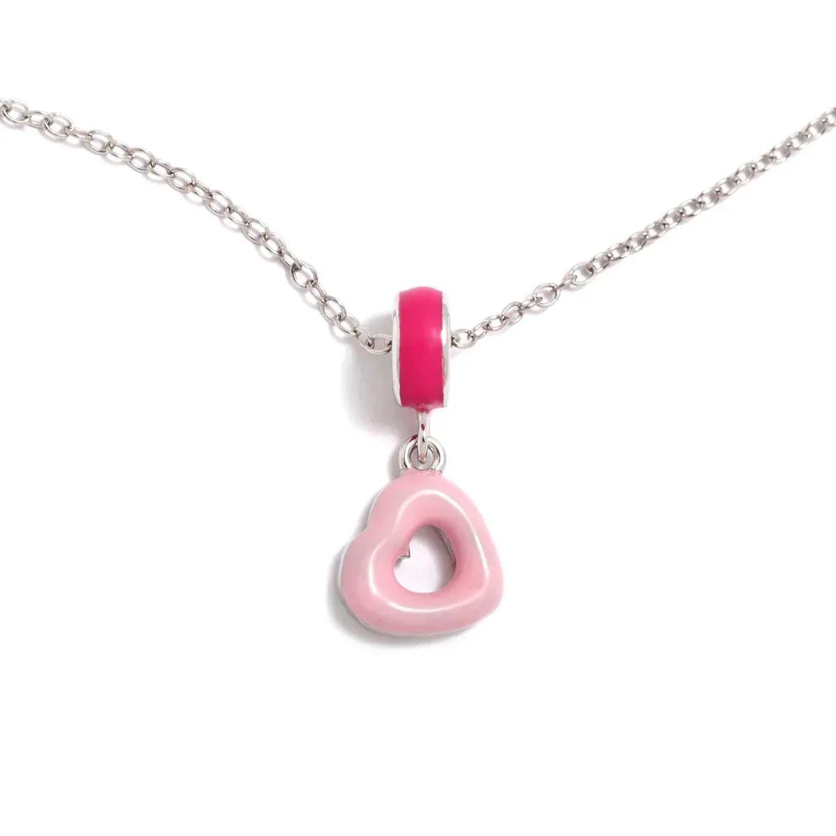 Collar con colgante donut-corazón rosa y cadena plateada