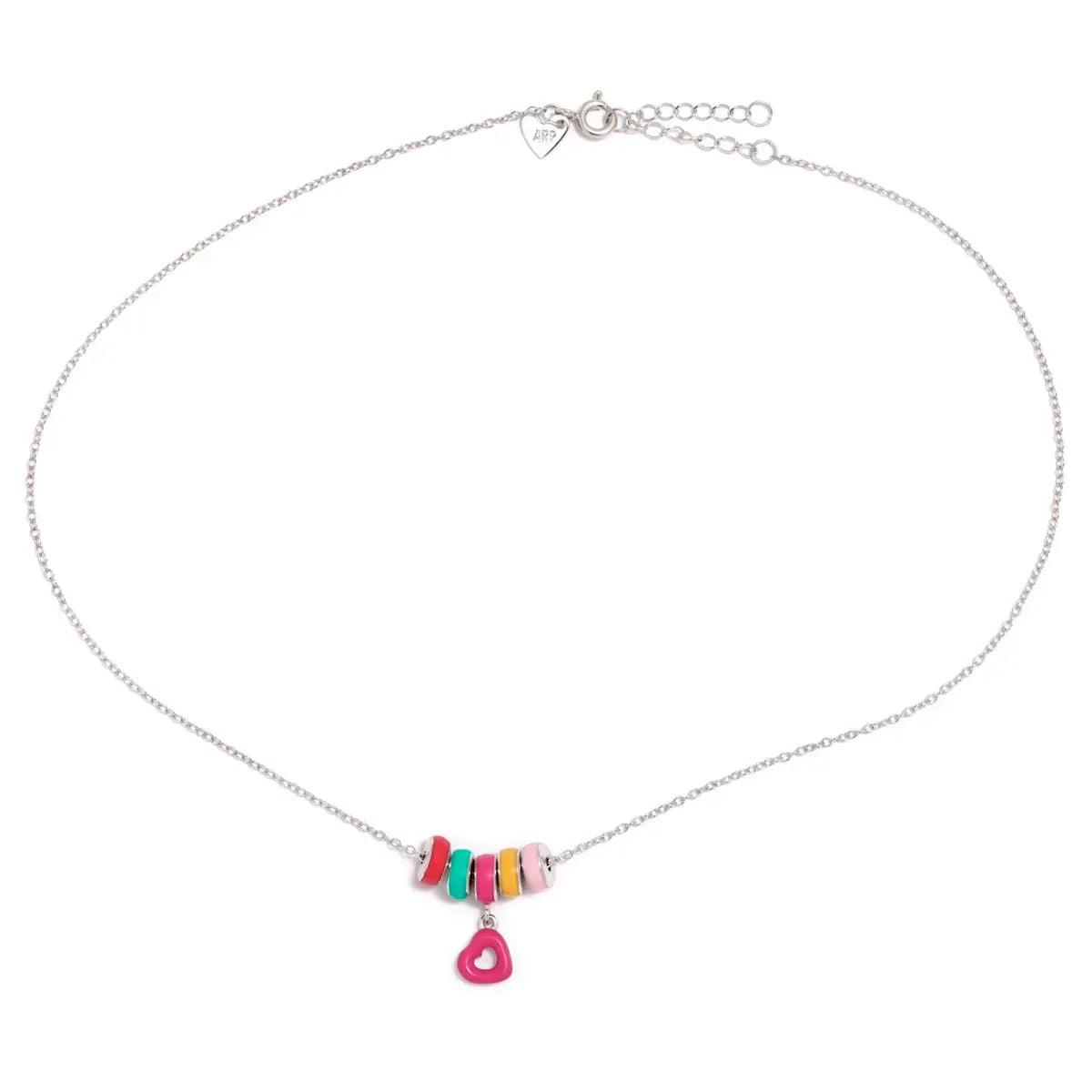Collar de plata con colgante corazón rosa y cuentas donut multicolor en cadena