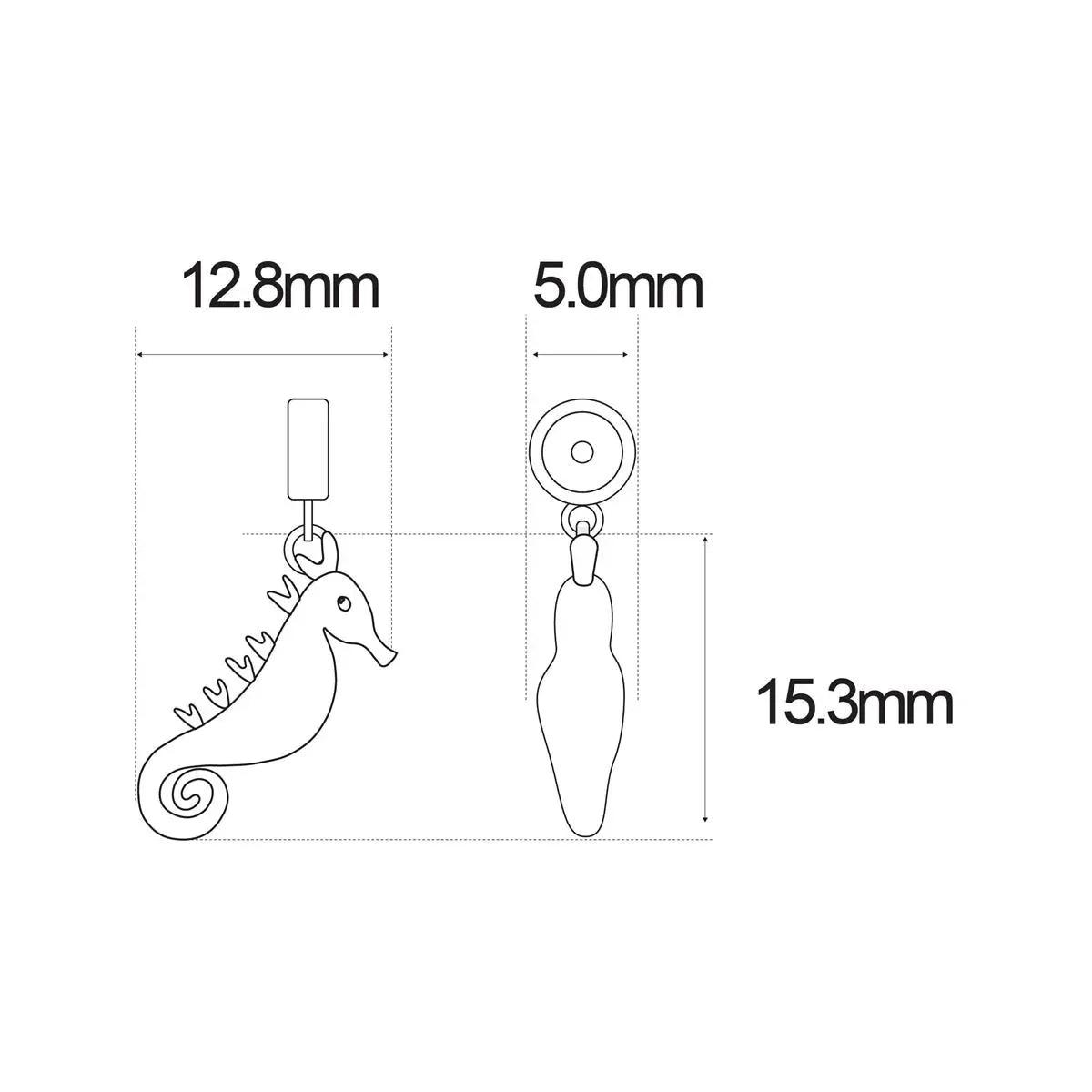Diagrama de medidas: caballito de mar 12.8 mm, 15.3 mm y 5.0 mm