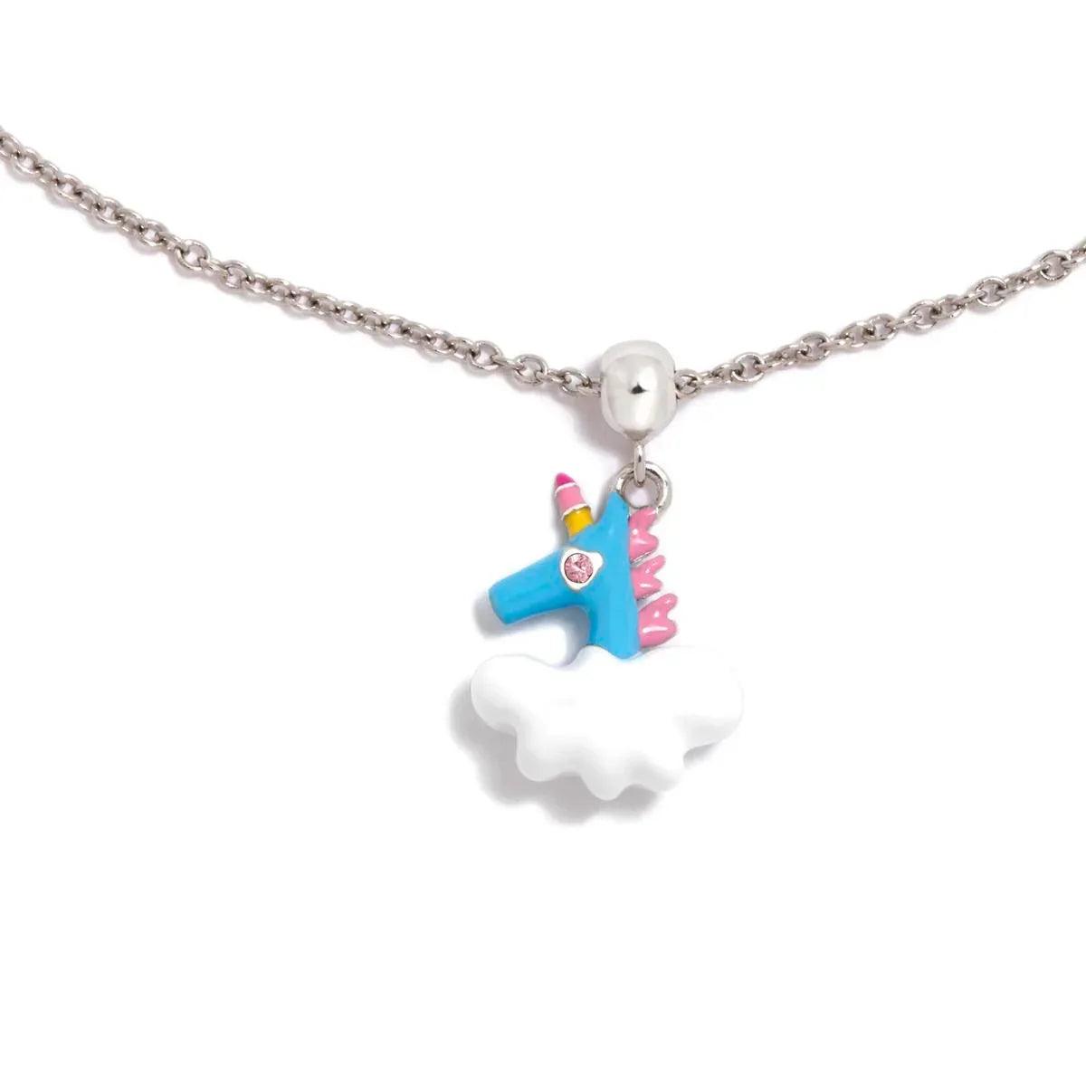Colgante de unicornio azul y rosa con detalle en cristal, sujeto con anilla plateada