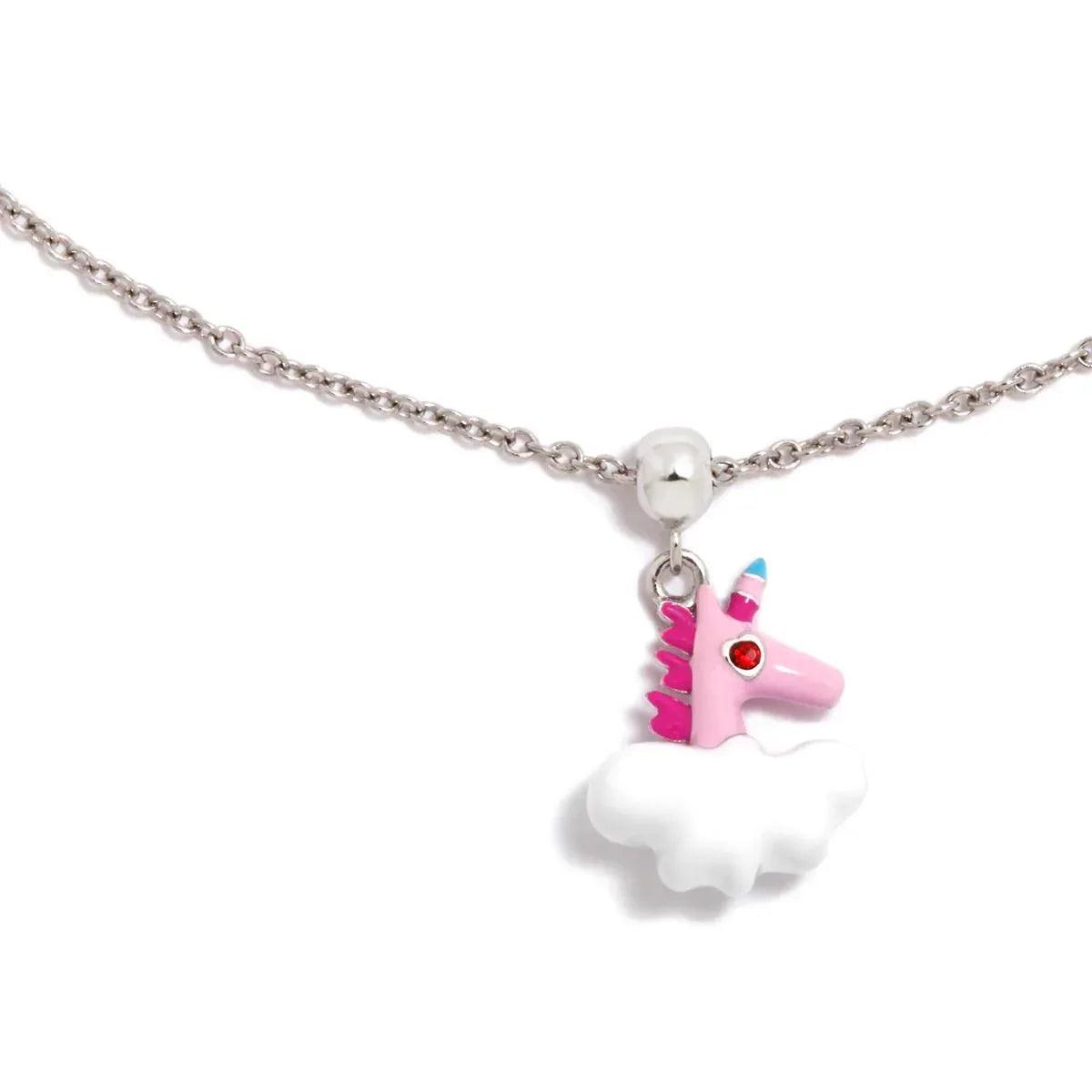 Colgante de unicornio rosa y blanco con ojo rojo, metal plateado