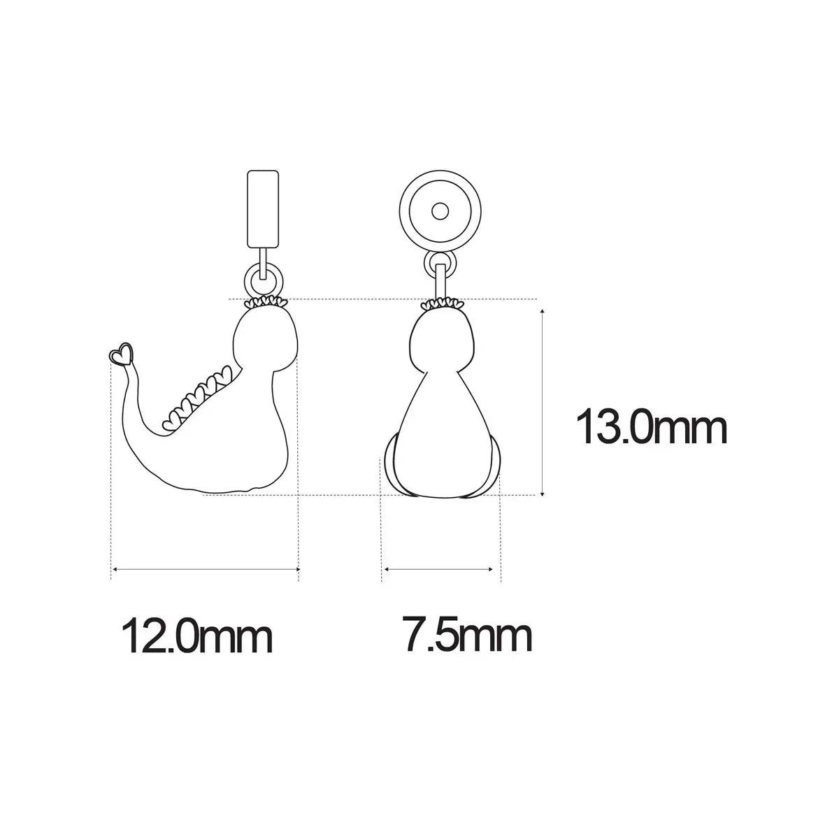 Dije de dino rosa con medidas 12.0mm, 7.5mm y 13.0mm (diagrama técnico).